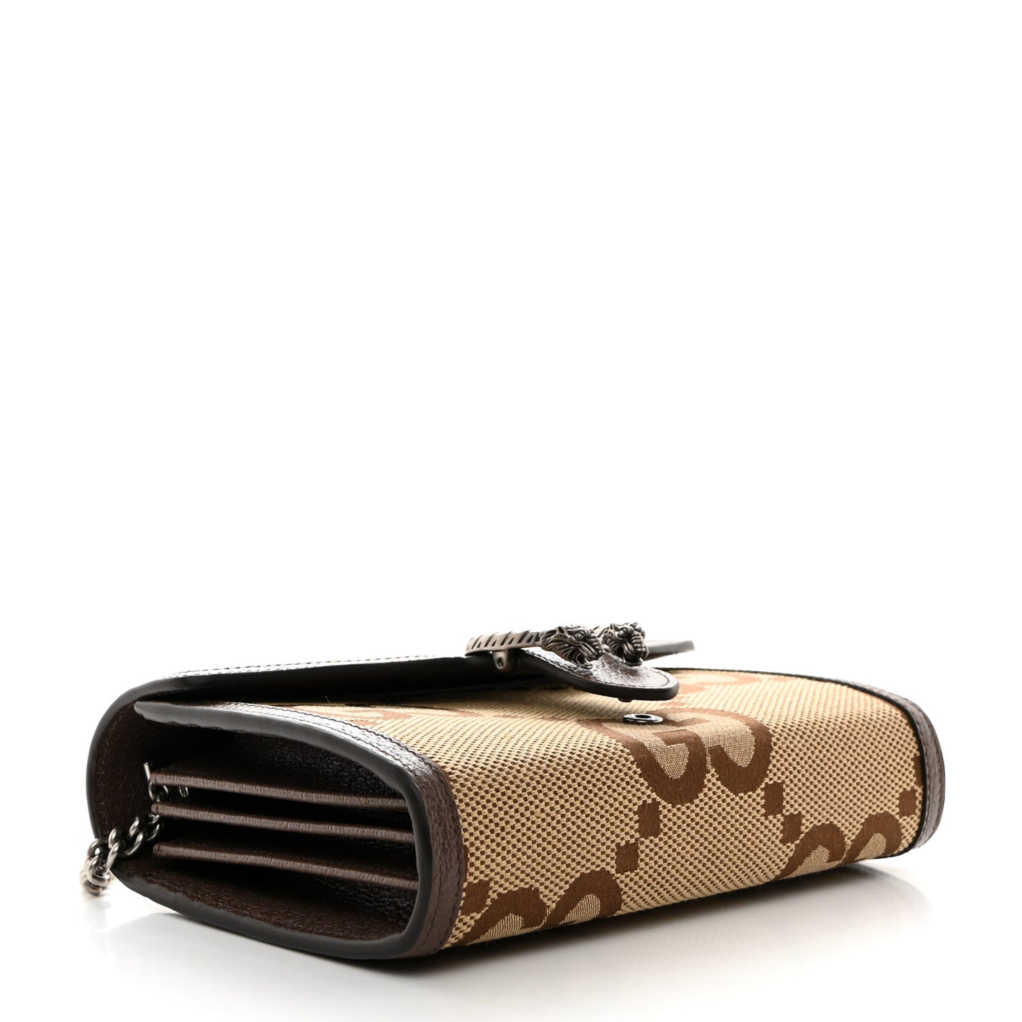 Monogram Jumbo GG Textured Dollar Calfskin Mini Dionysus Chain Wallet Camel Ebony New Acero