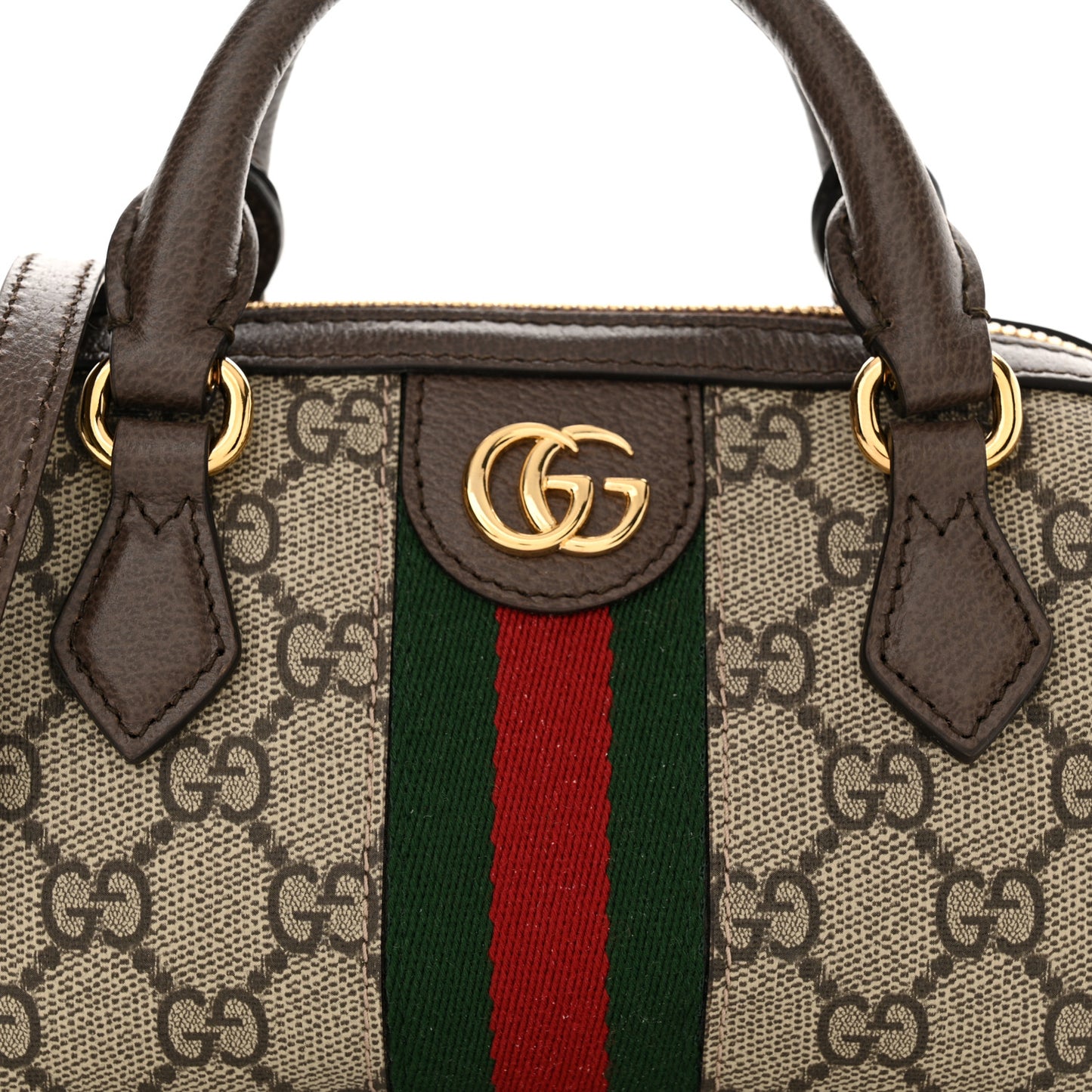 GG Supreme Monogram Textured Dollar Calfskin Web Super Mini Ophidia Top Handle Bowler Bag Beige Ebony New Acero
