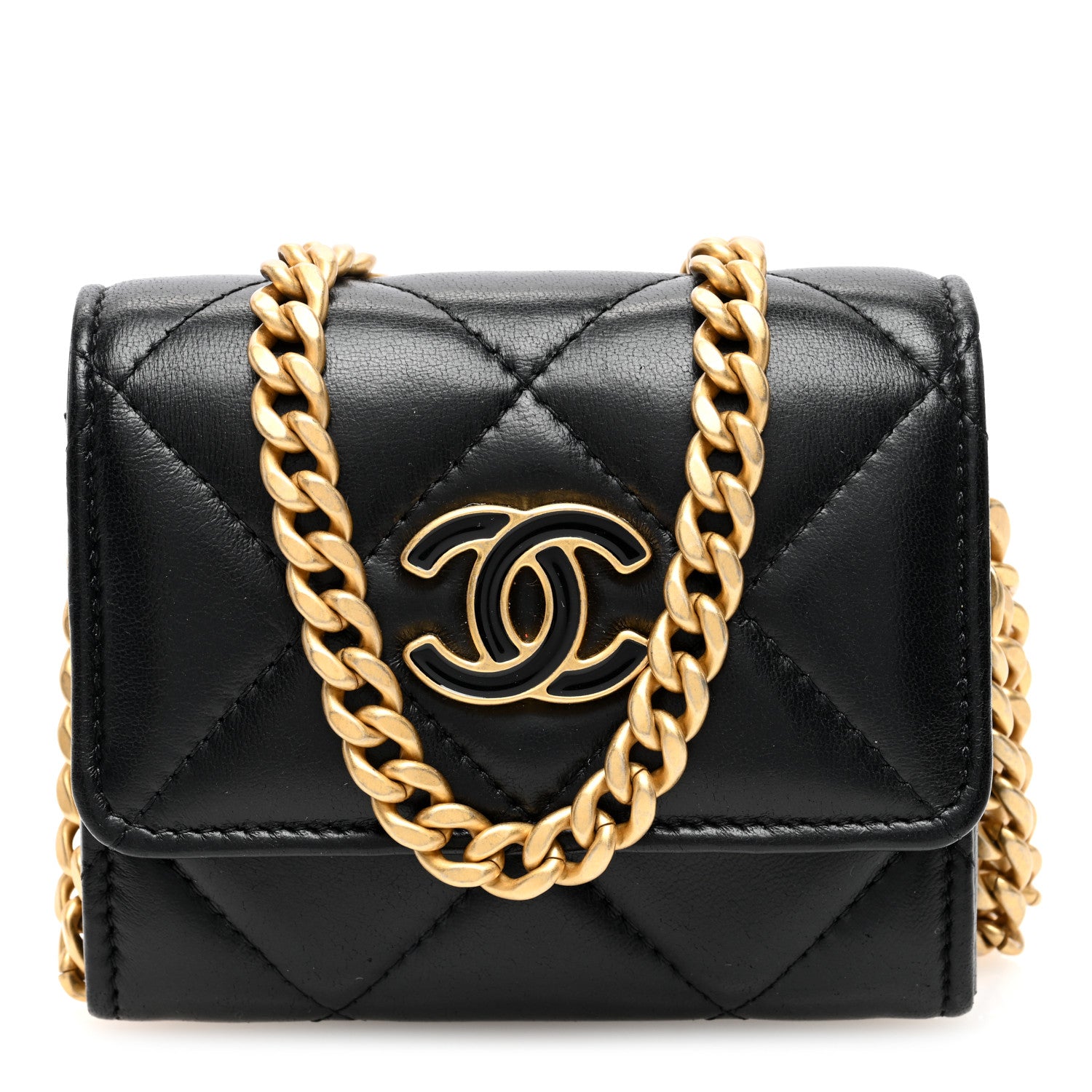 Chanel Lambskin Enamel Quilted Pending CC Card Holder On Chain Black 1 of 10
