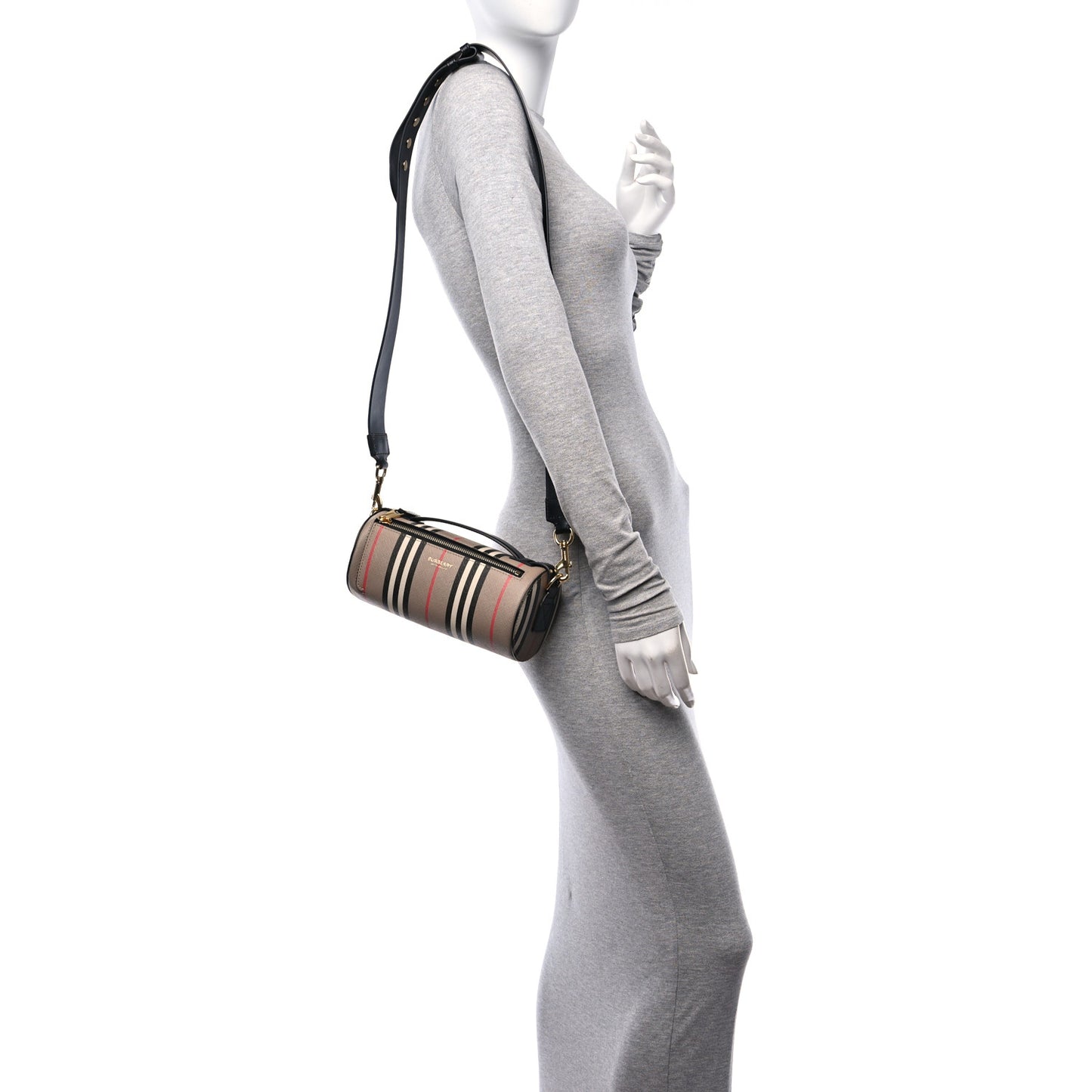 E-Canvas Calfskin Stripe Icon Barrel Bag Archive Beige