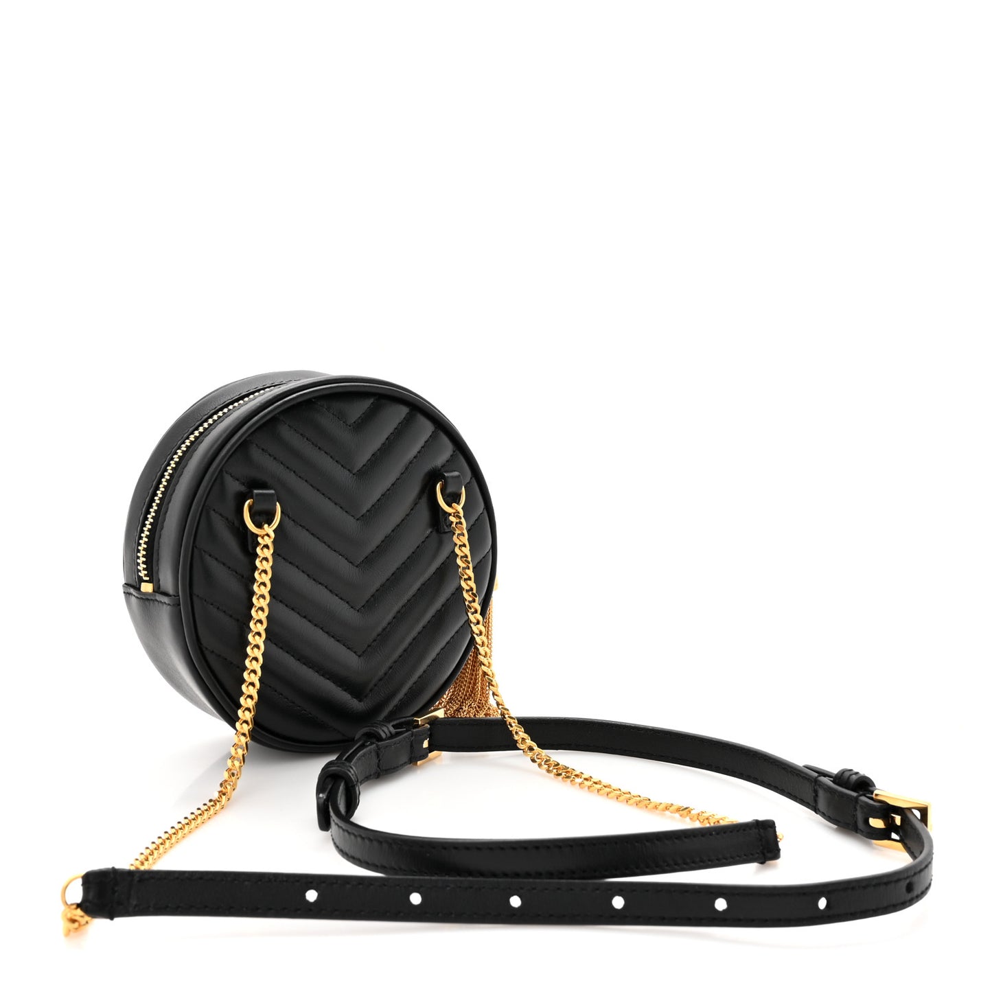 Calfskin Matelasse Chevron Quilted Baby Round Vinyle Belt Bag Black