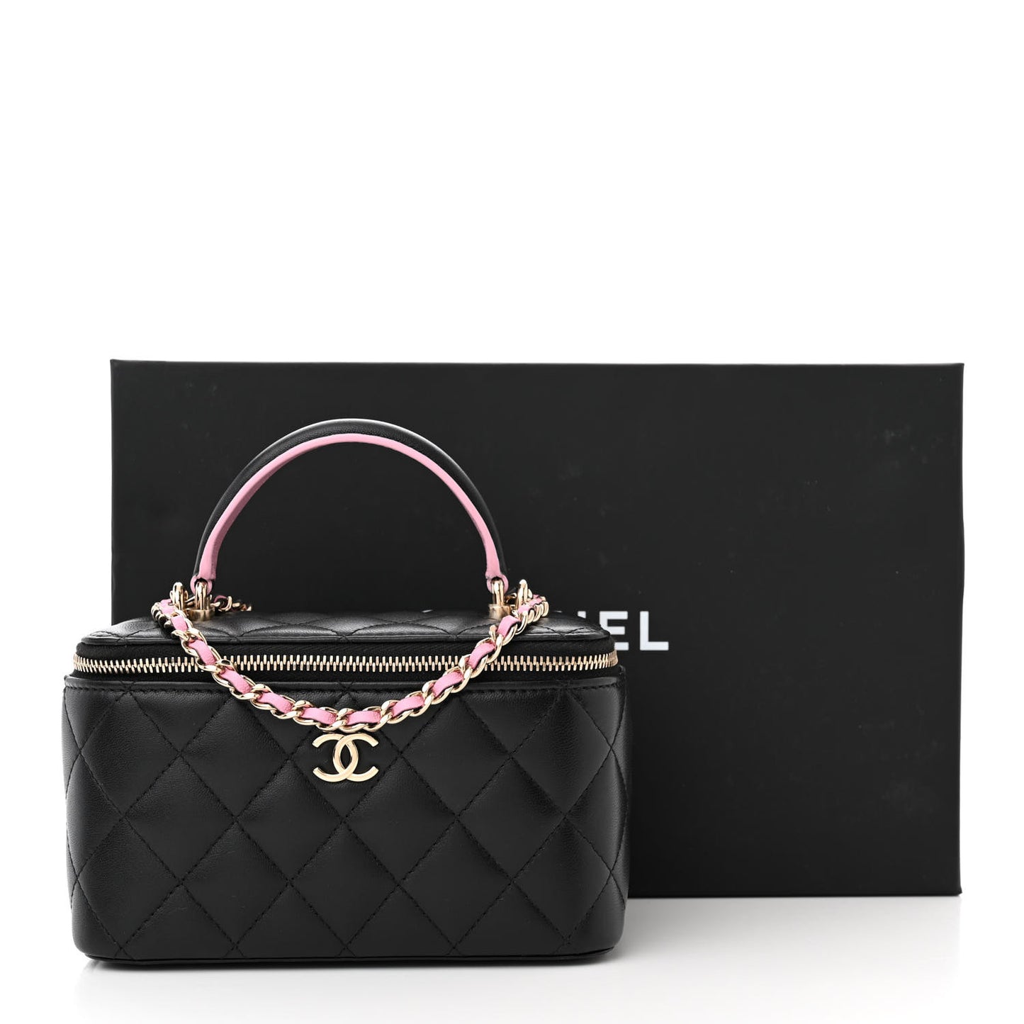 Lambskin Quilted Small Top Handle Vanity Case With Chain Black Lilac