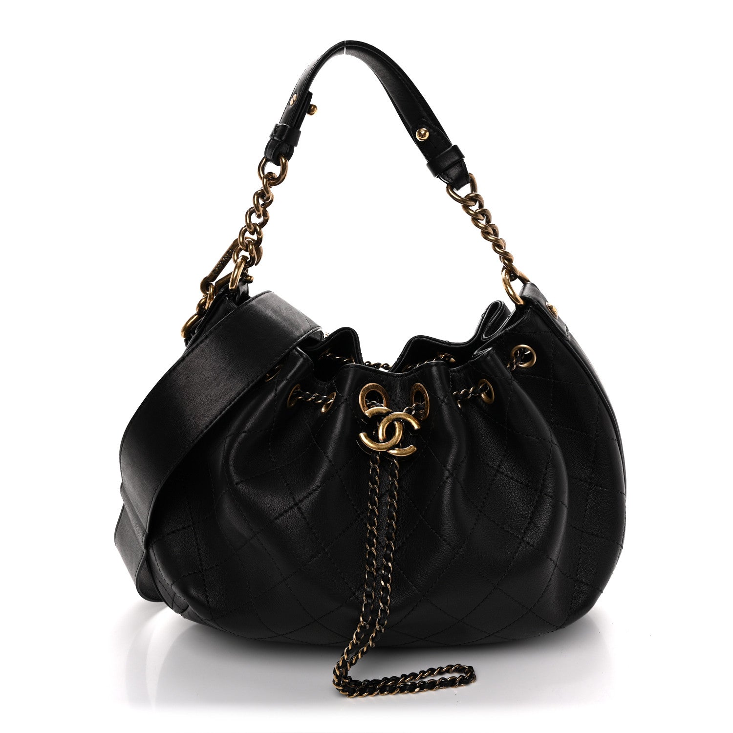 Chanel Calfskin Stitched Small Paris Rome Drawstring CC Bag Black