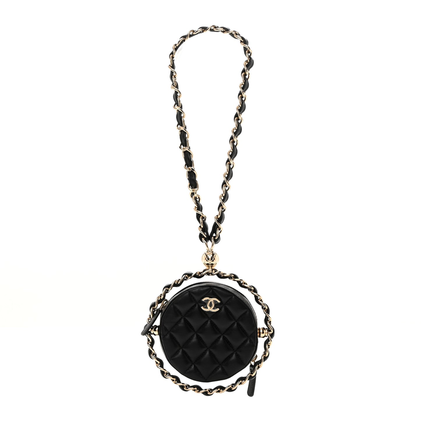 Lambskin Quilted Chain Round Mini Clutch Black