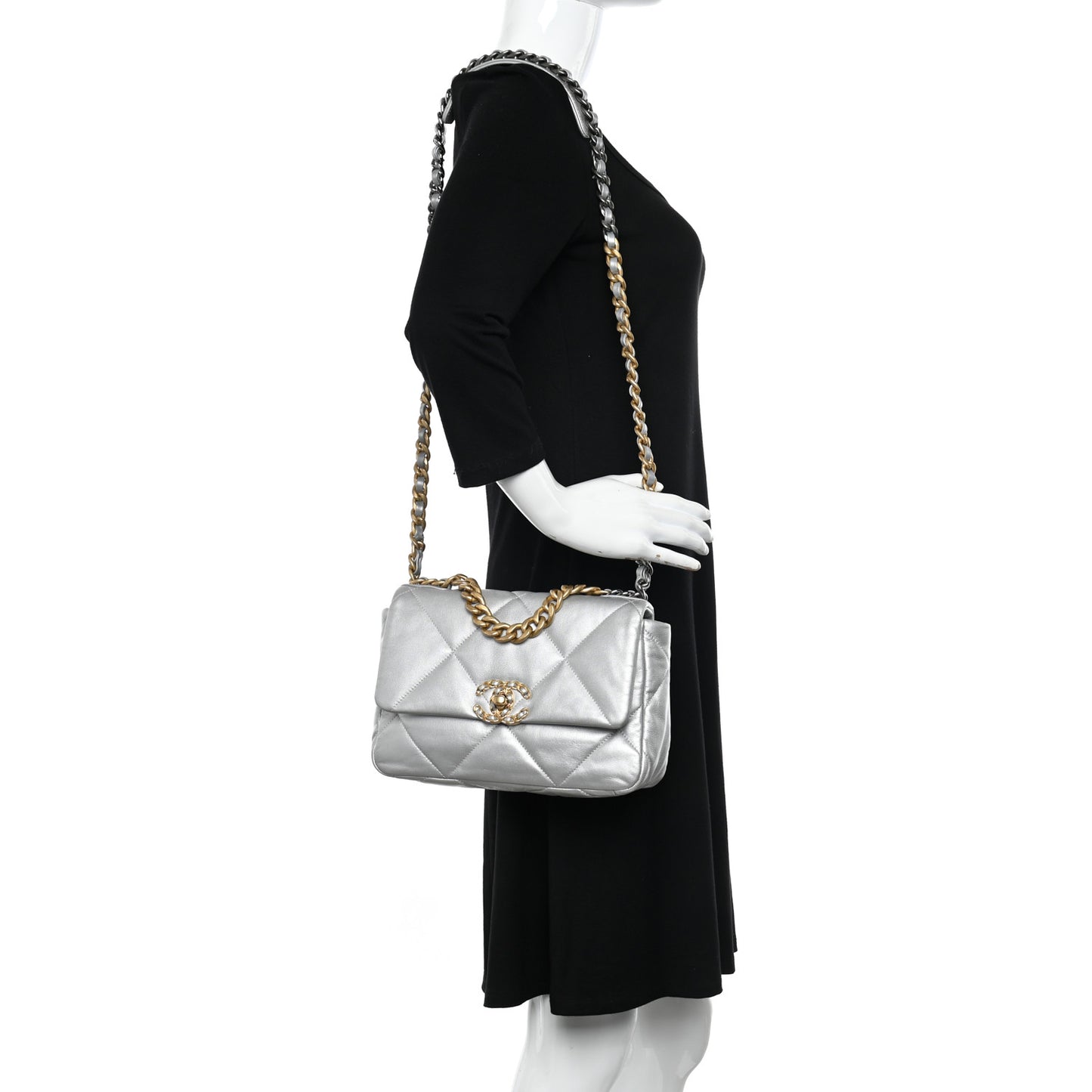 Metallic Goatskin Quilted Medium Chanel 19 Flap Silver