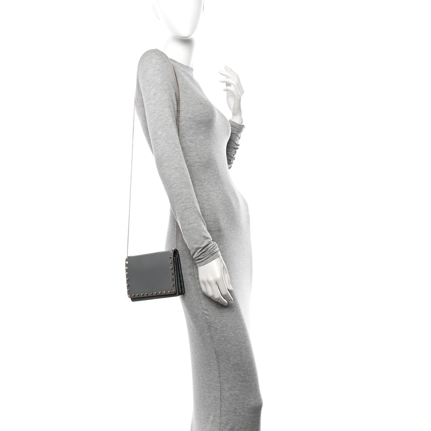 Valentino Garavani Pebbled Calfskin Rockstud Wallet on Chain Pastel Grey 2 of 12