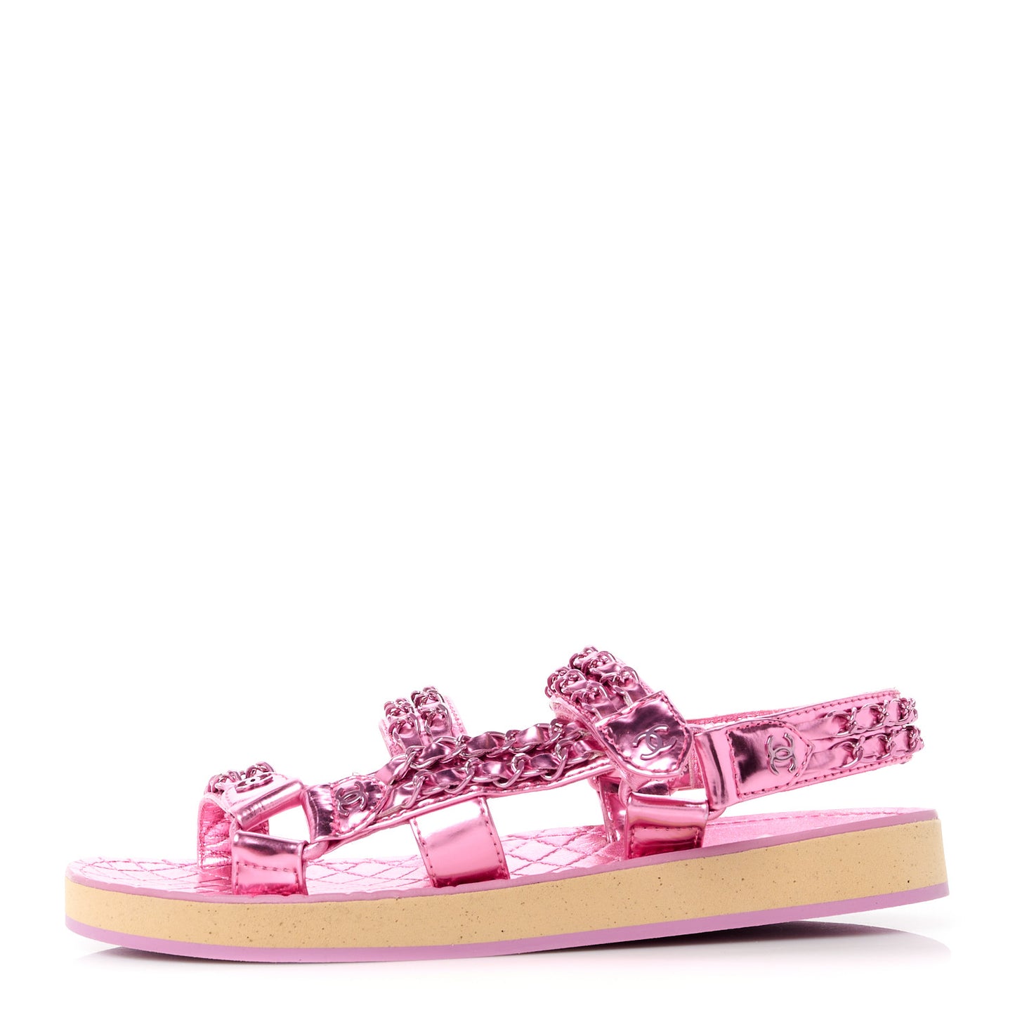 Metallic Laminated Goatskin Chain Flat Sandals 36 Fuchsia