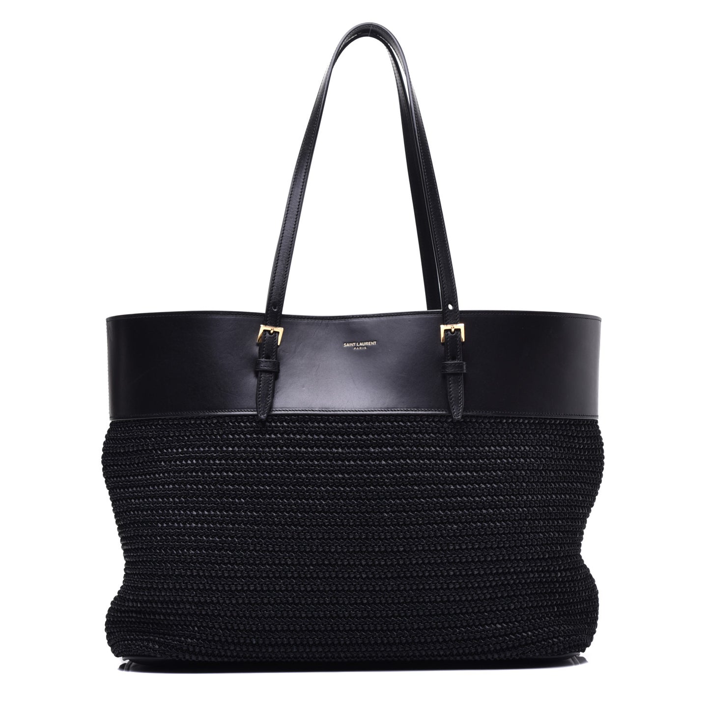 Calfskin Raffia Medium Shopper Tote Black