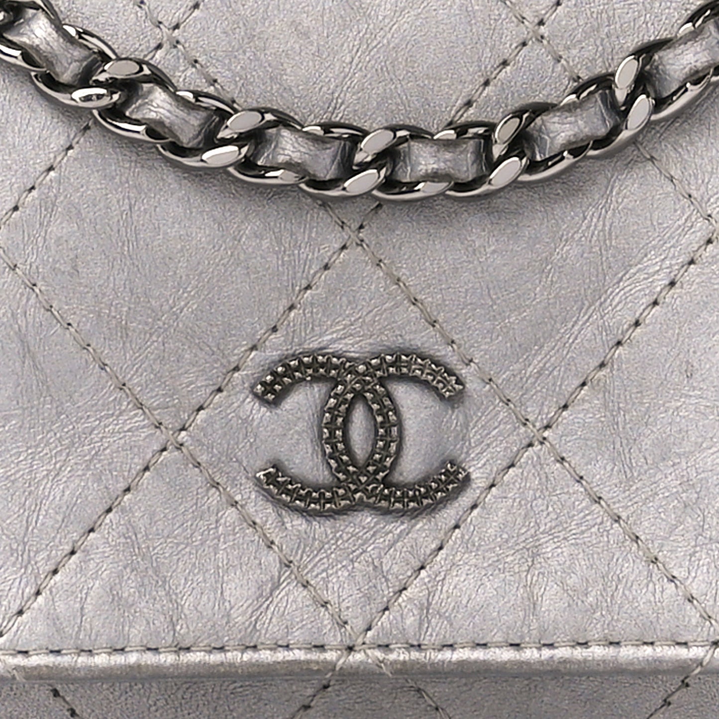 Metallic Aged Calfskin Quilted Wallet on Chain WOC Silver