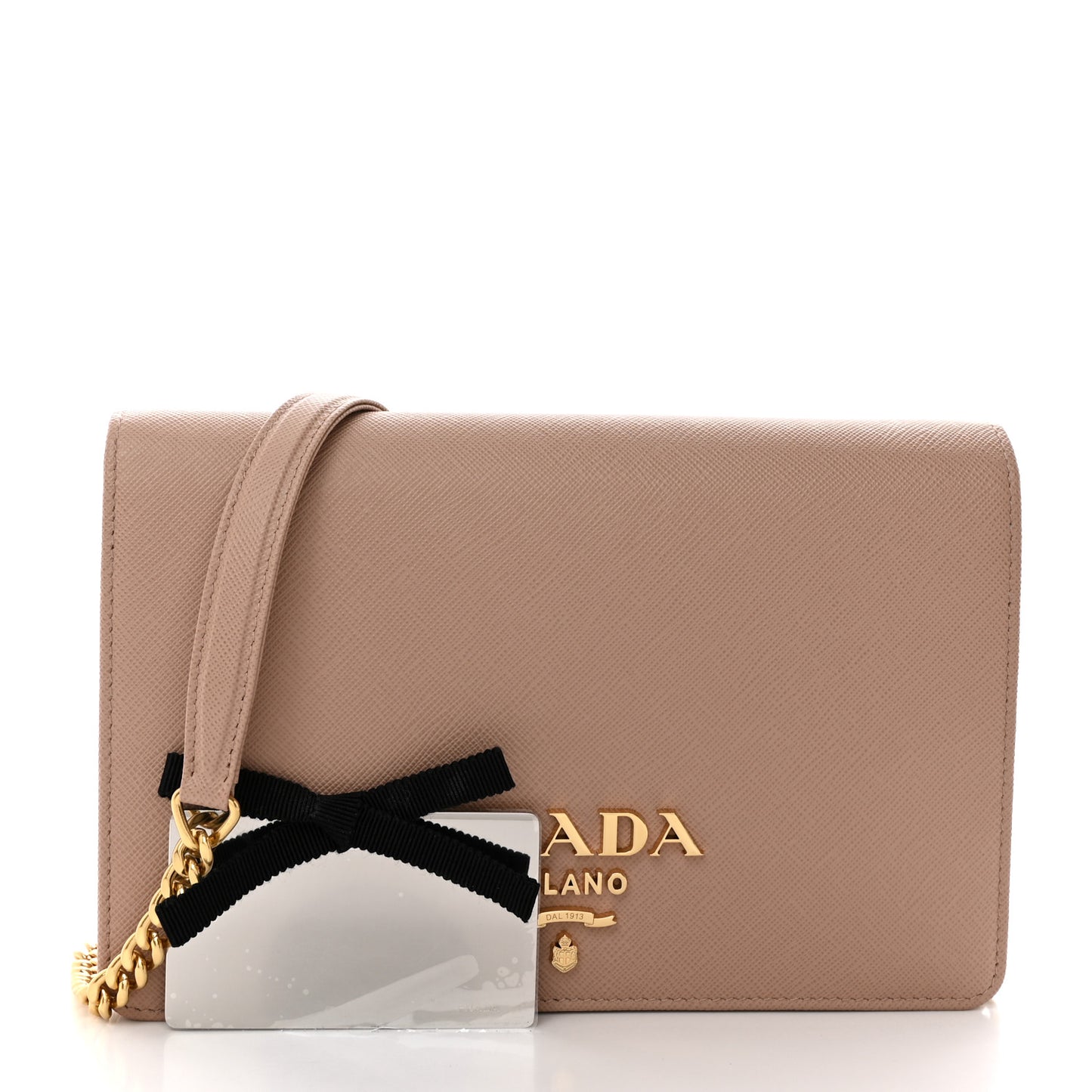 Saffiano Lux Metal Logo Mini Chain Flap Crossbody Bag Cipria