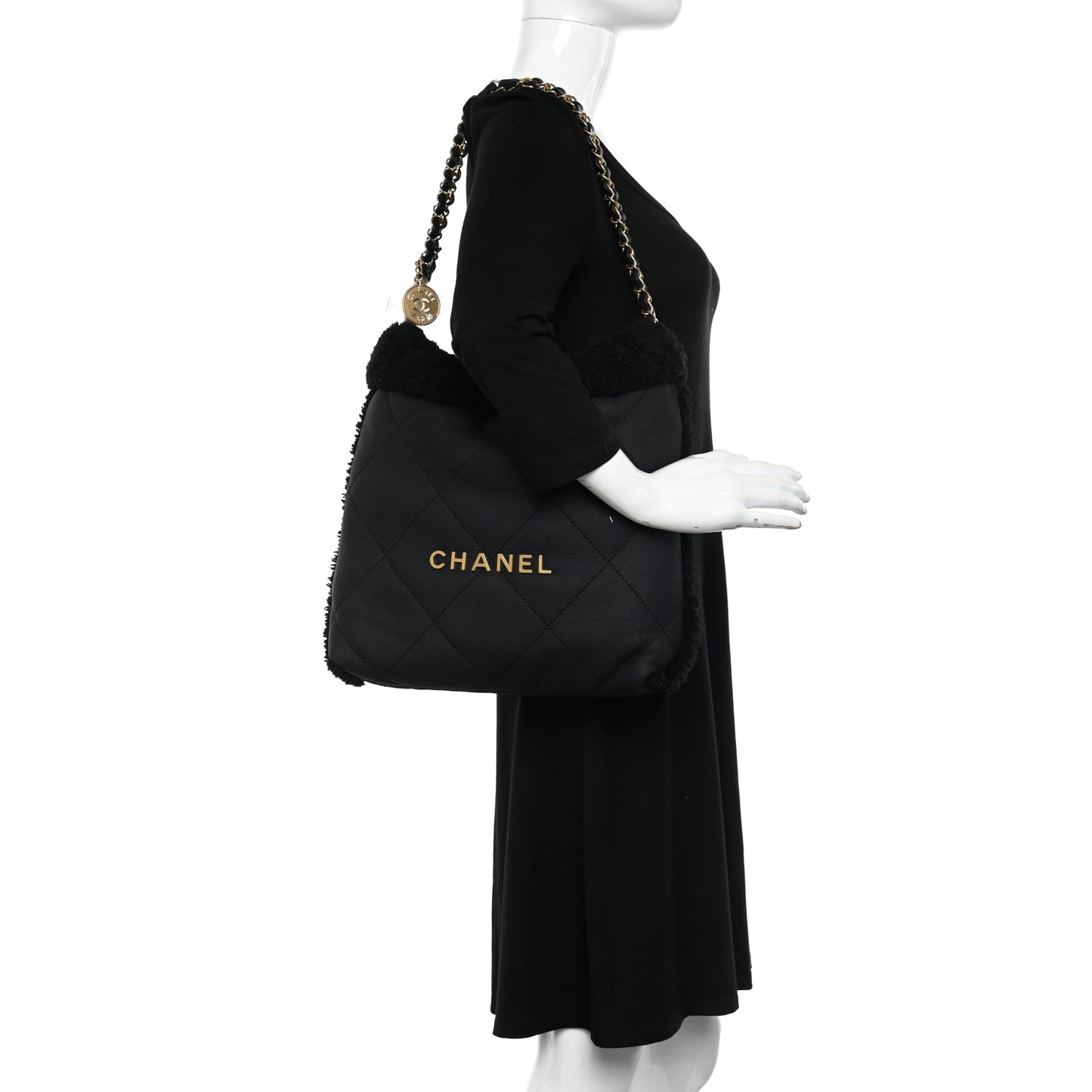 Shearling Aged Lambskin Quilted Small Chanel 22 Black