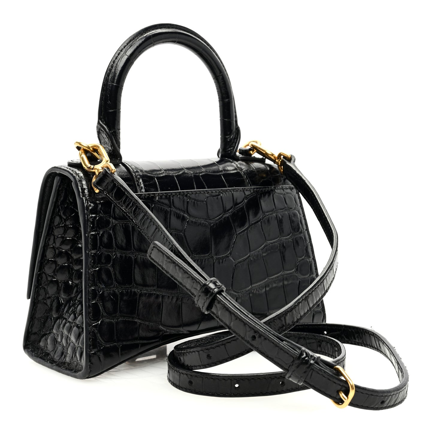 Shiny Calfskin Crocodile Embossed Hourglass Top Handle Bag XS Black