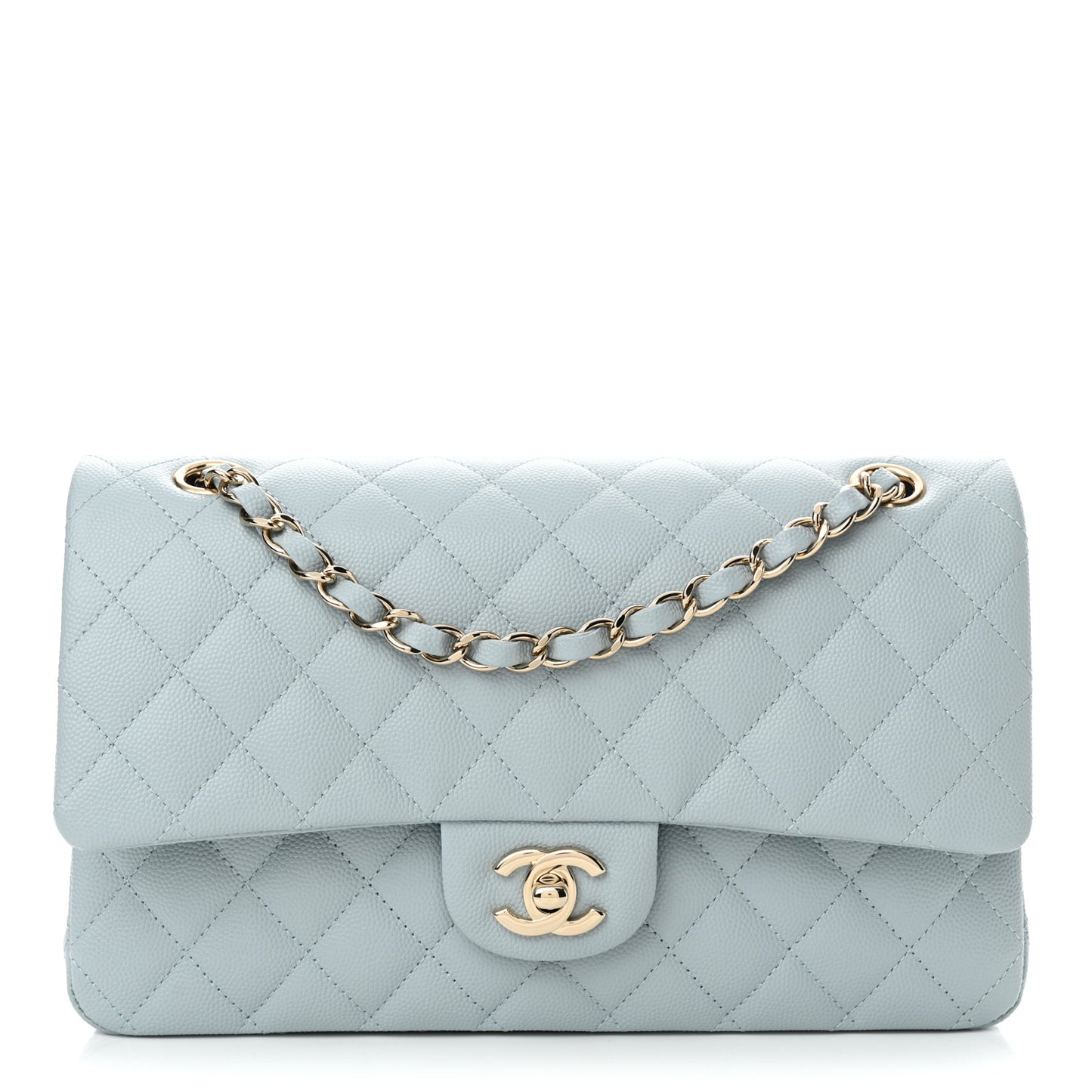 Caviar Quilted Medium Double Flap Light Blue
