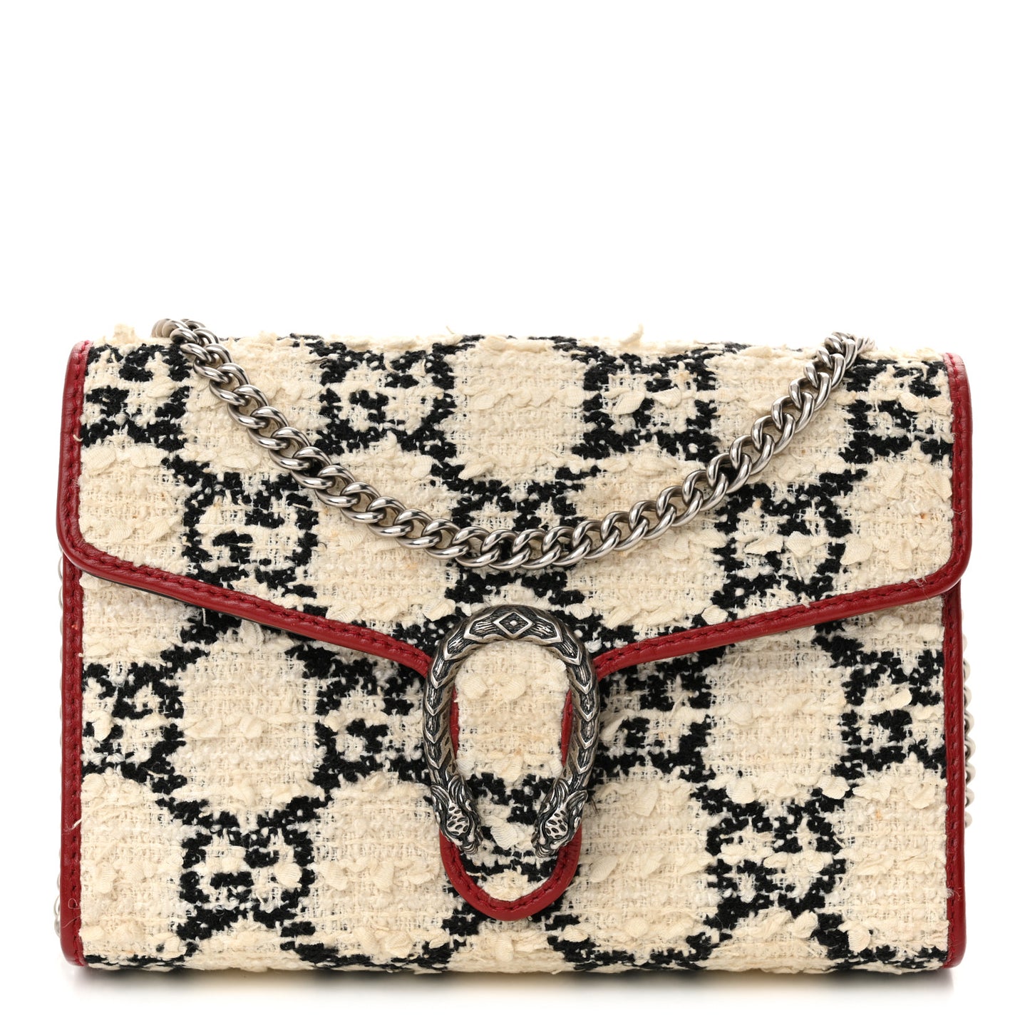 Tweed GG Monogram Mini Dionysus Chain Wallet White Black Romantic Cherry