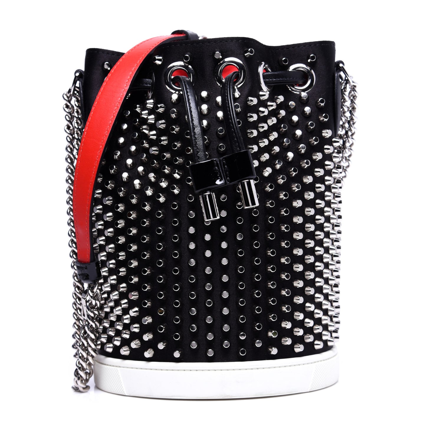Silk Satin Calfskin Marie Jane Loubirun Studded Bucket Black Silver
