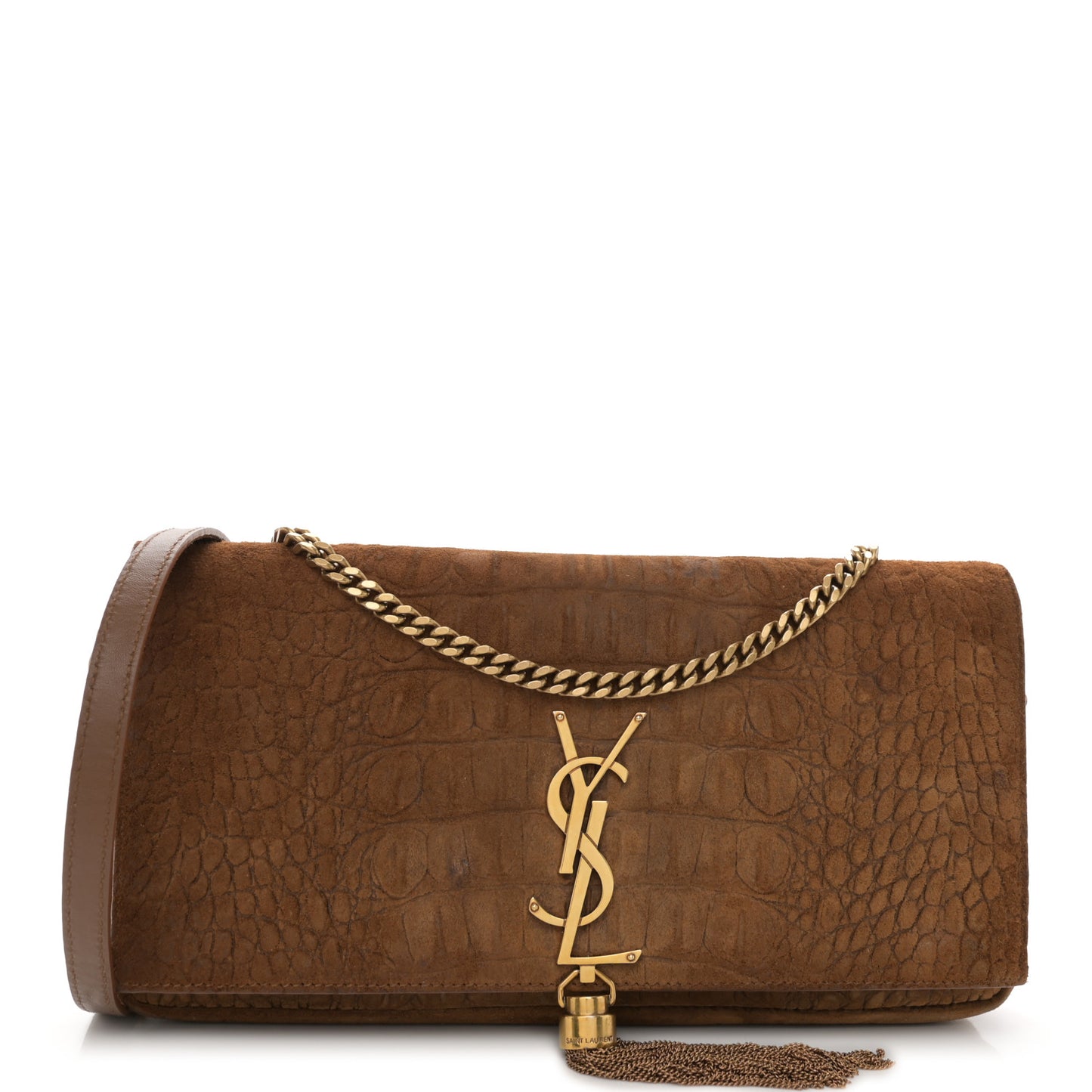 Crocodile Embossed Suede Monogram Tassel Kate 99 Tan