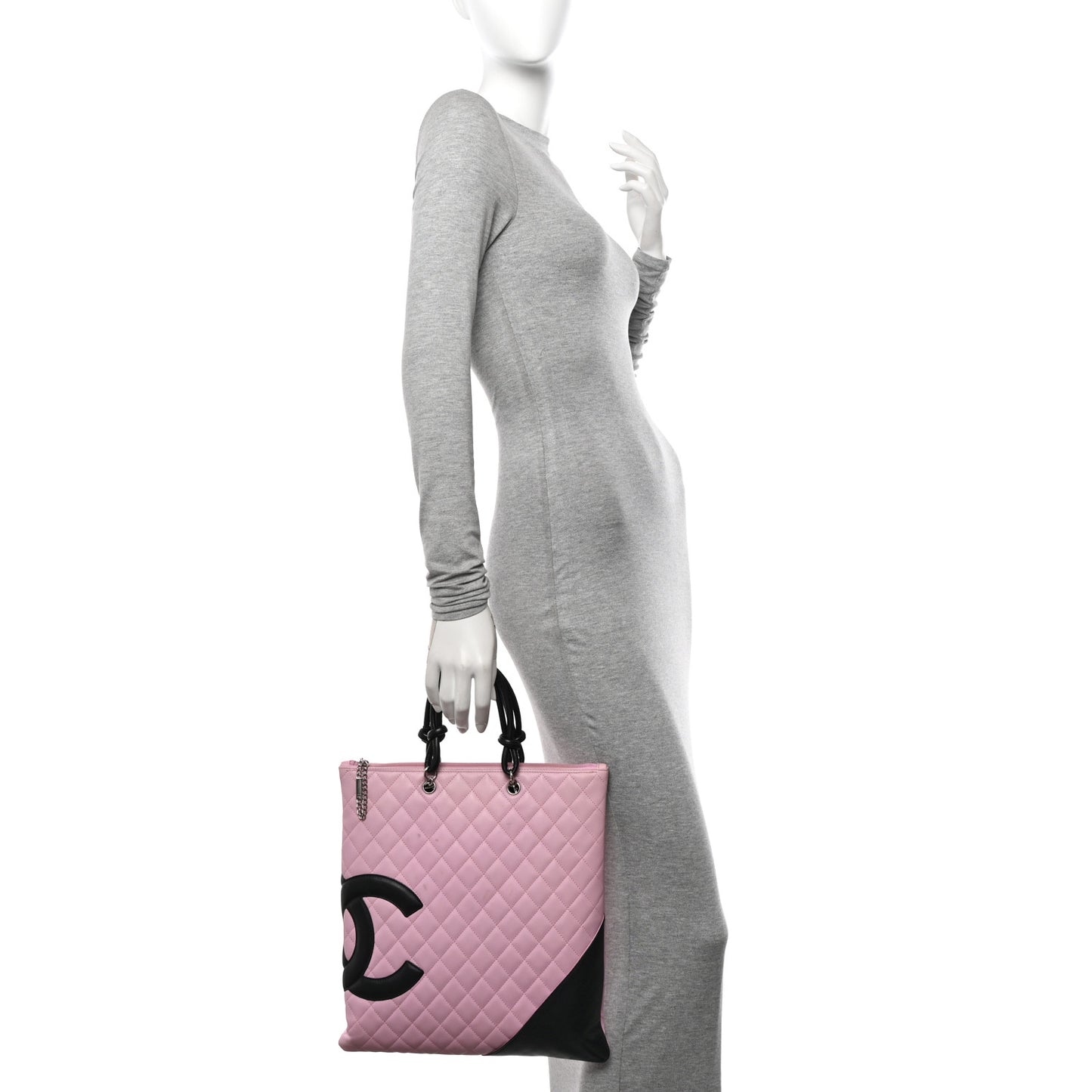Calfskin Quilted Cambon Flat Tote Pink Black