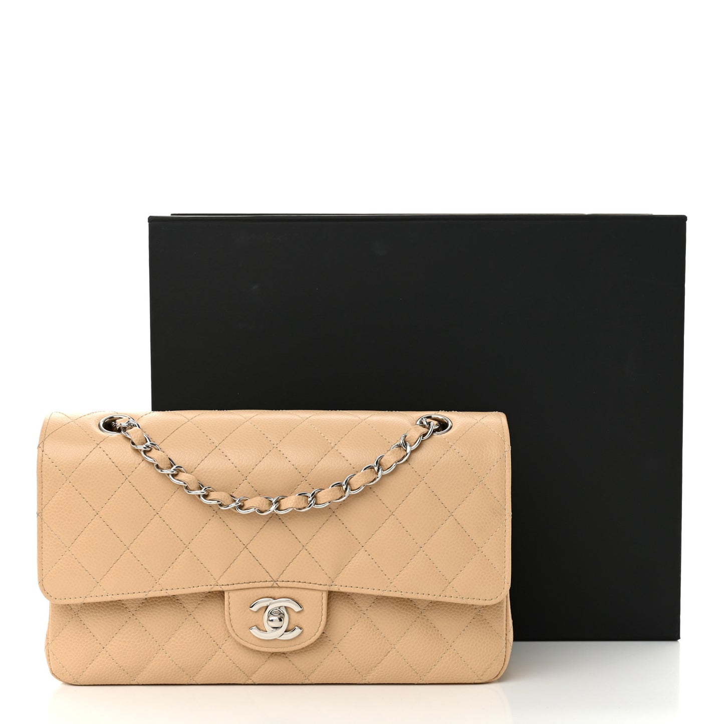 Caviar Quilted Medium Double Flap Beige