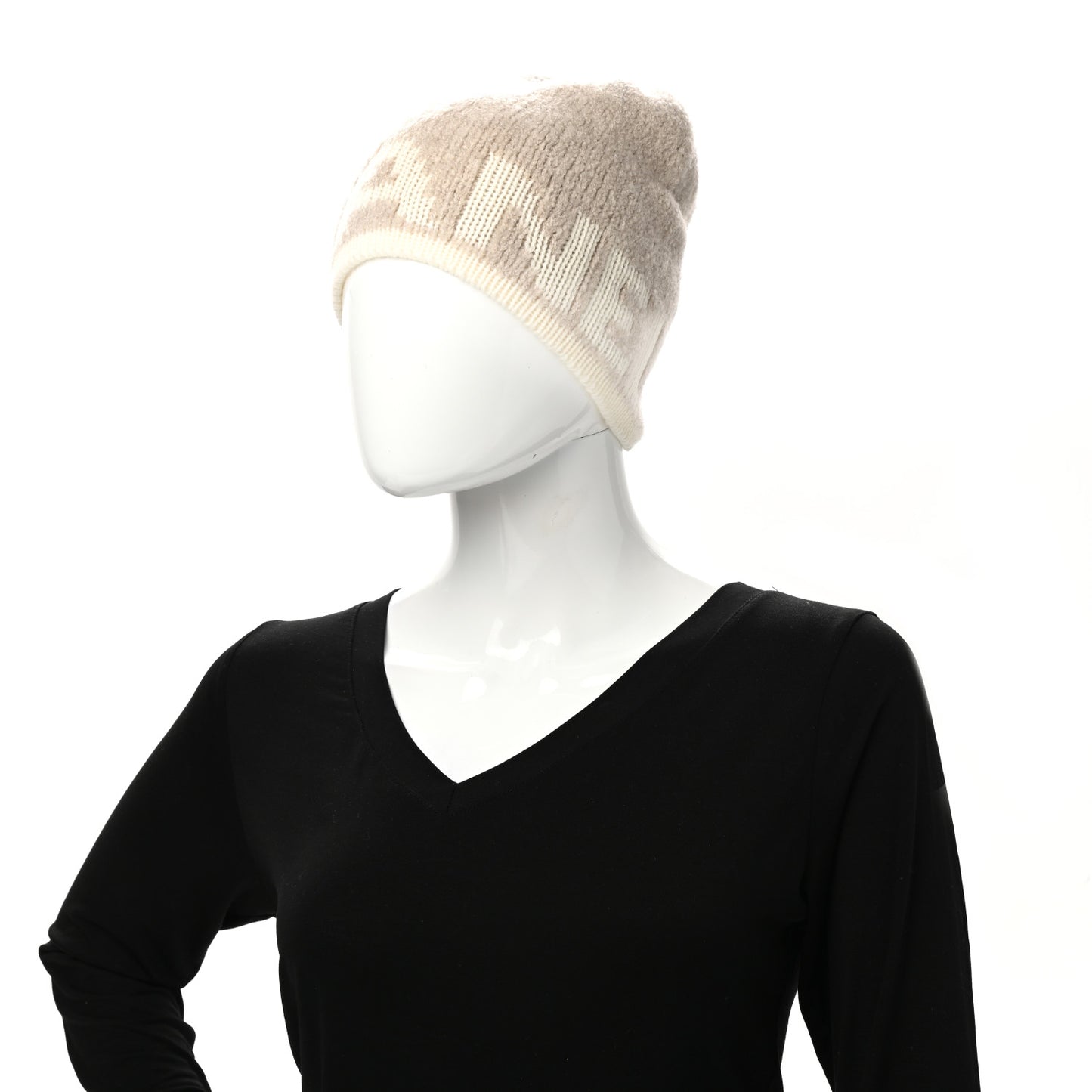 Cashmere Wool Silk Logo Beanie Hat Beige White