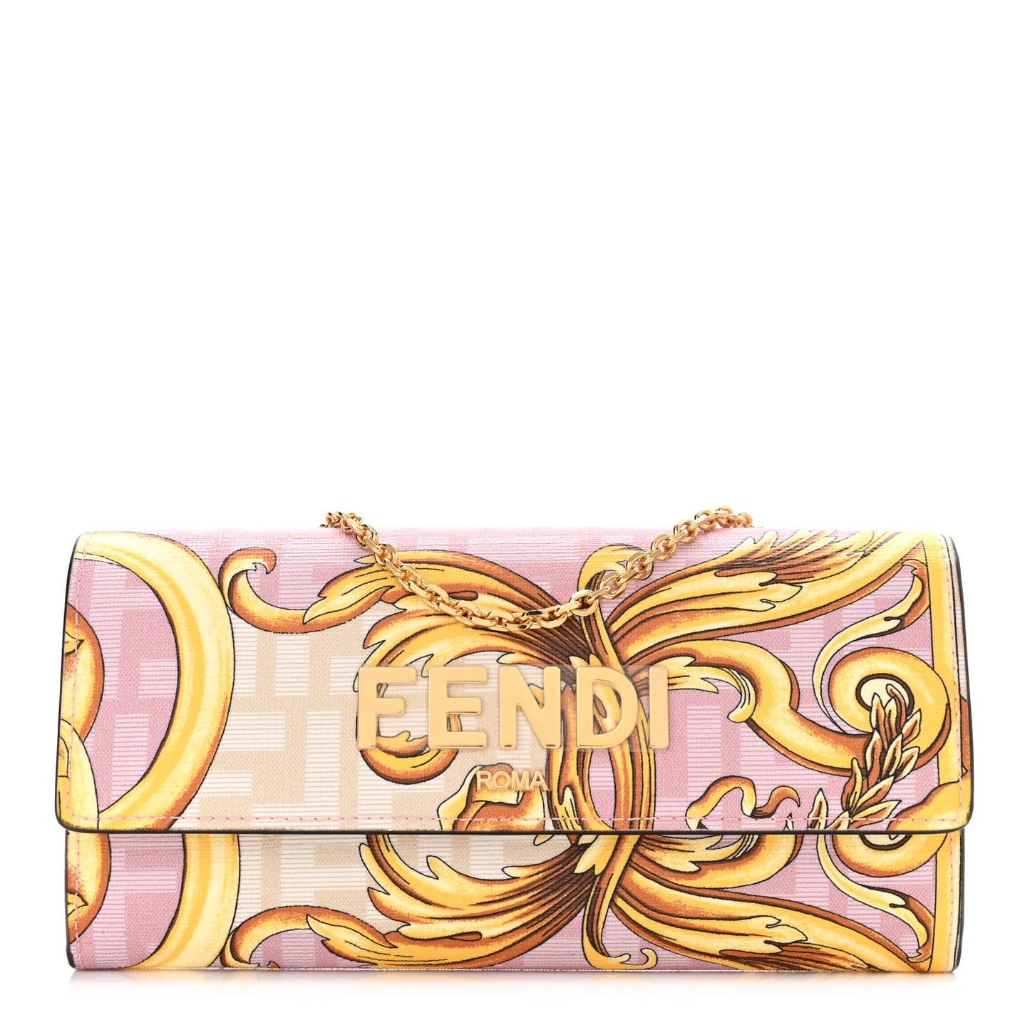 X VERSACE Glazed Fabric Fendace FF Baroque Continental Wallet On Chain Gold White Rosa