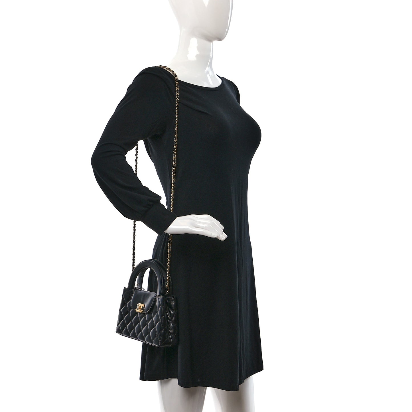 Shiny Aged Calfskin Quilted Nano Kelly Shopper Black