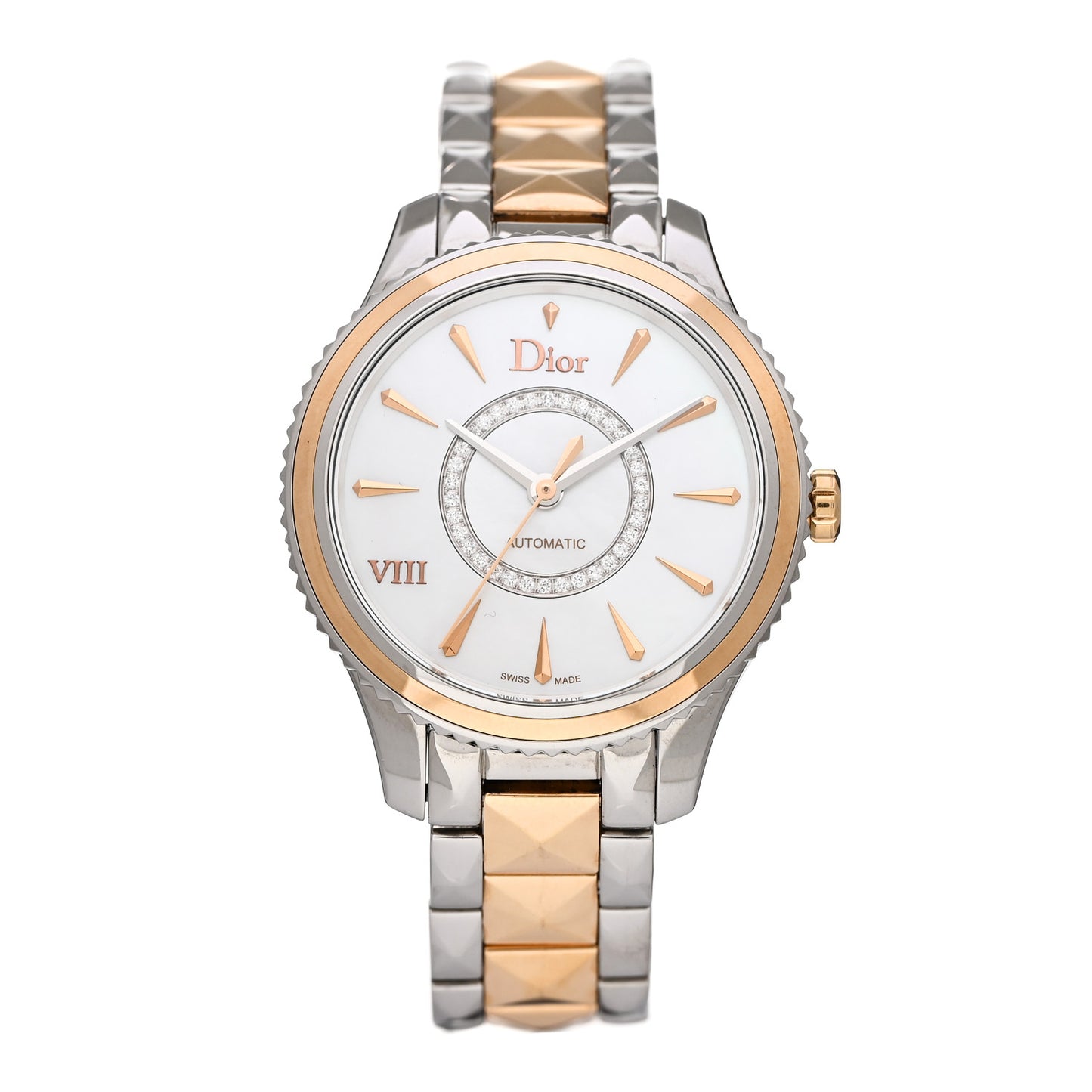 Stainless Steel 18K Rose Gold Diamond Mother of Pearl 32mm Dior VIII Montaigne Automatic Watch