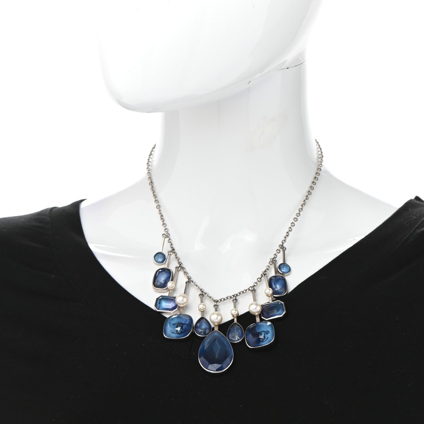 Crystal Pearl CC Necklace Silver Blue