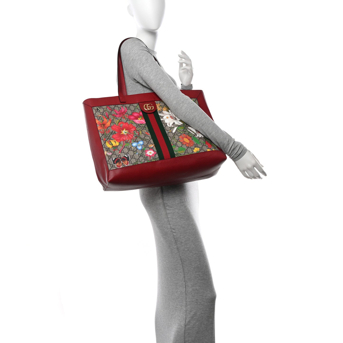GG Supreme Monogram Flora Web Large Ophidia Tote Red
