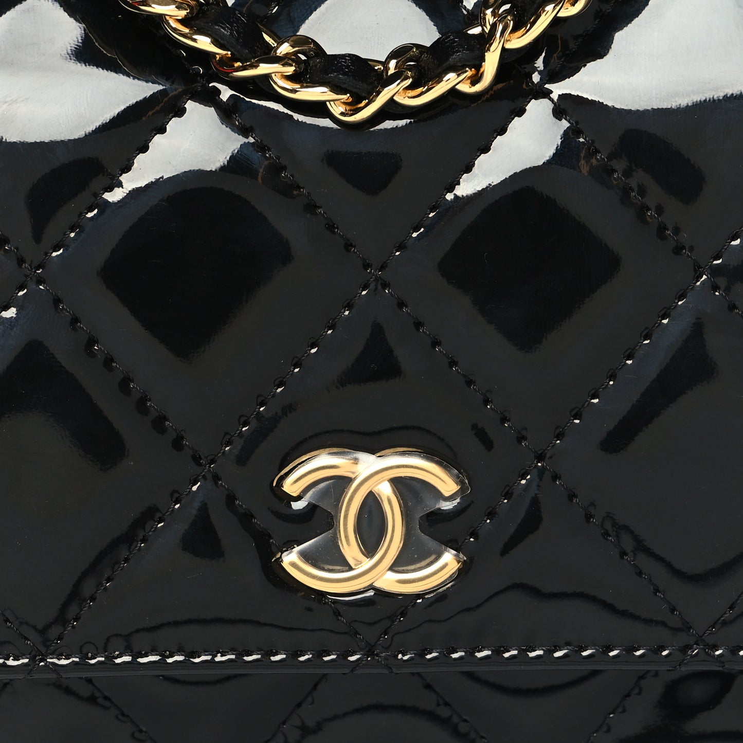 Patent Quilted Frame Clutch Flap With Chain Black