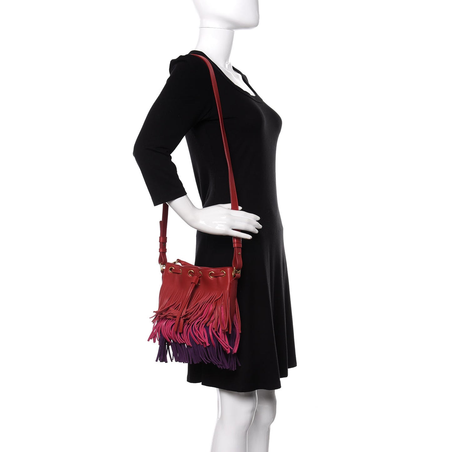 Calfskin Tri-Color Small Emmanuelle Fringe Bucket Bag Red Bubblegum Purple