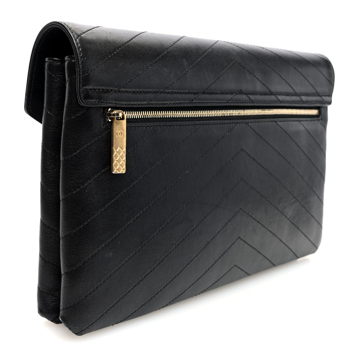 Lambskin Chevron Quilted Envelope Clutch Black