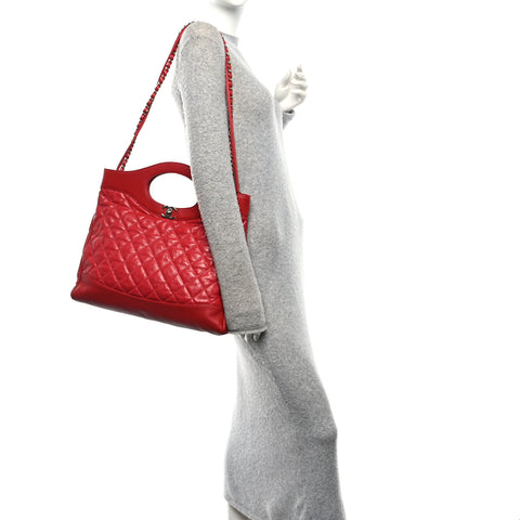 Shiny Aged Calfskin Quilted Large 31 Shopping Bag Red