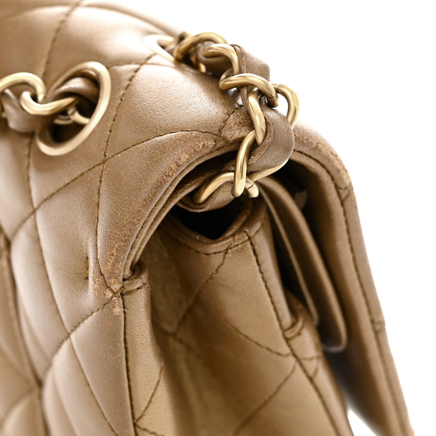 Metallic Lambskin Quilted Medium Double Flap Khaki