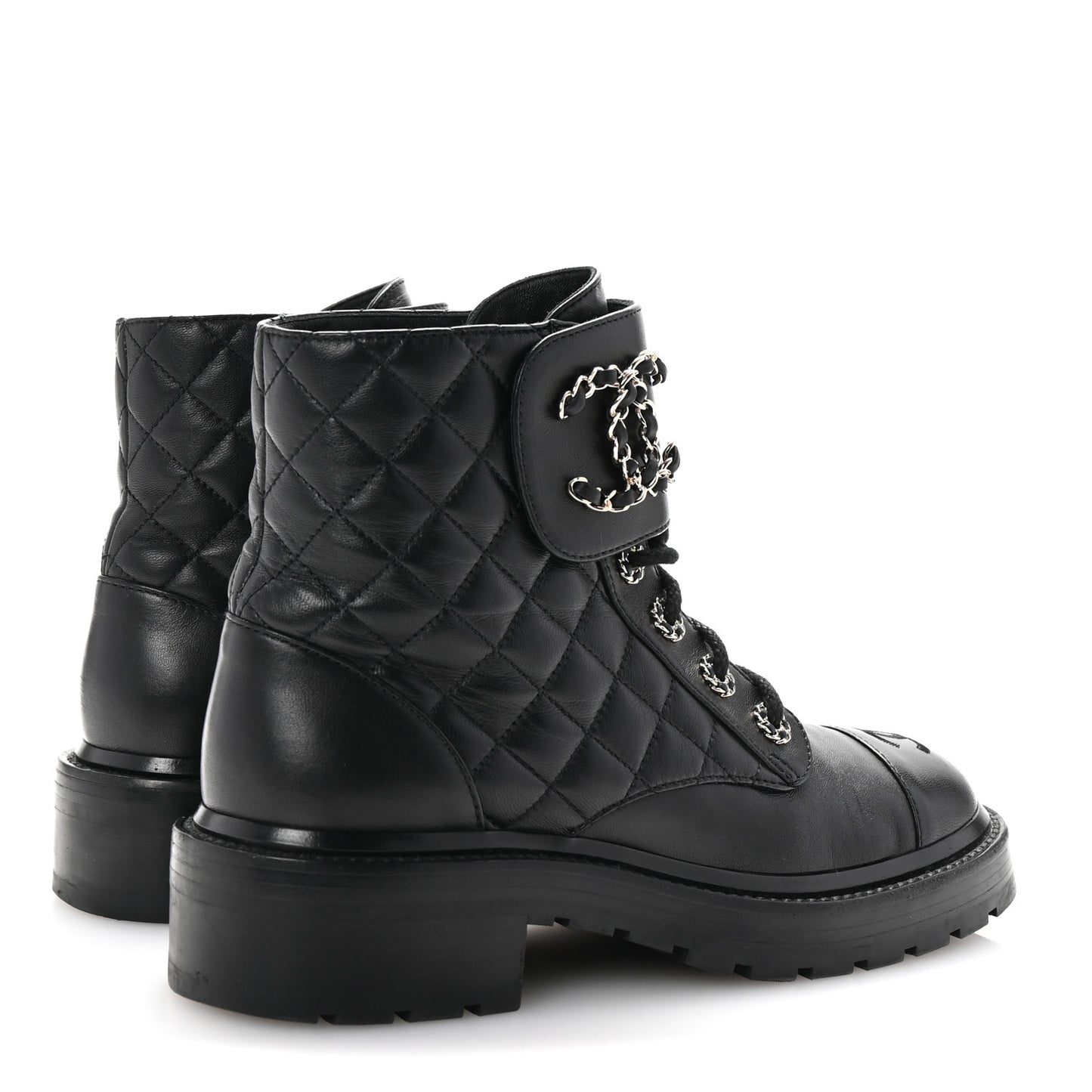 Shiny Lambskin Quilted Lace Up Combat Boots 37 Black