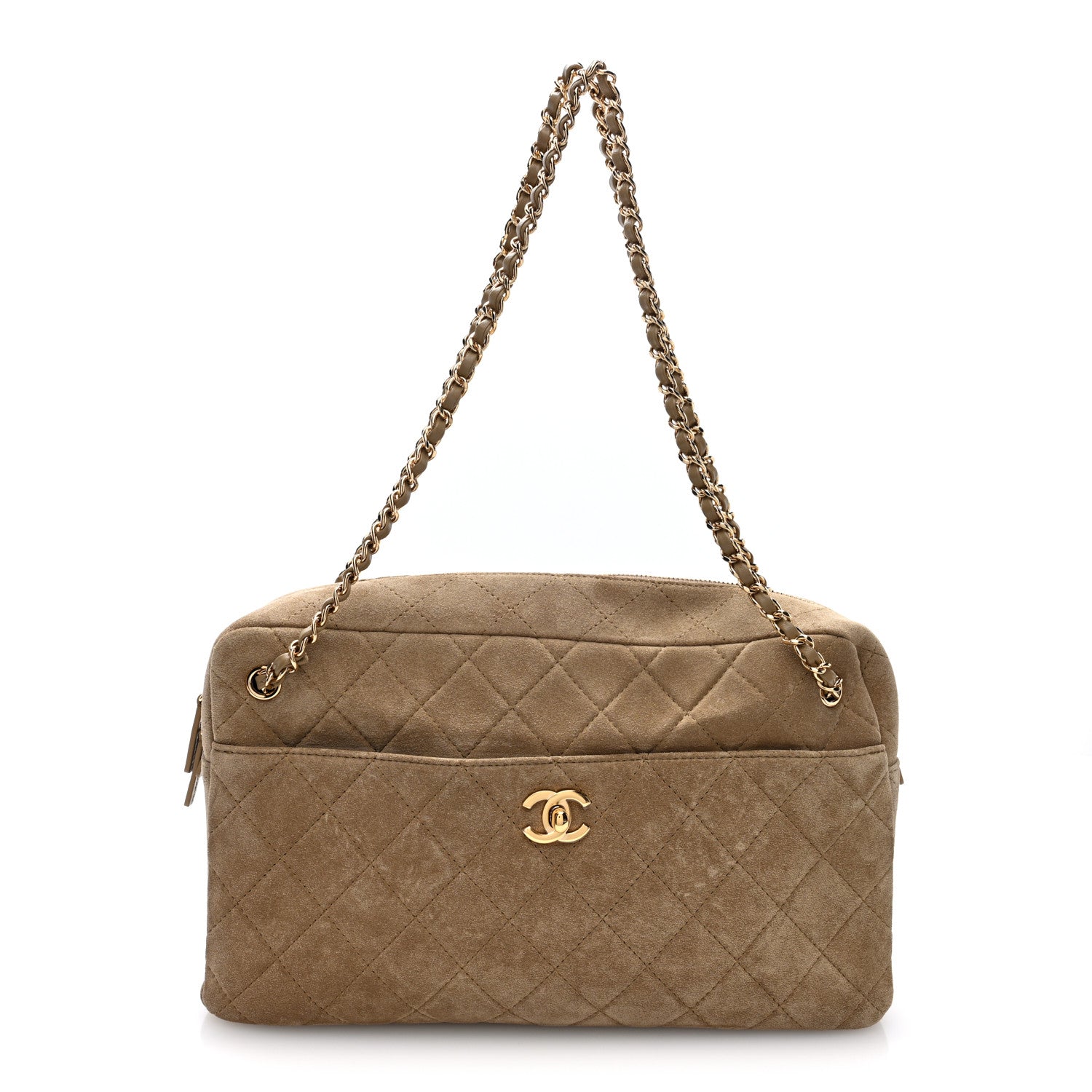CHANEL カメリア Chanel Suede Calfskin Quilted Camerissimo Camera Case Dark Khaki
