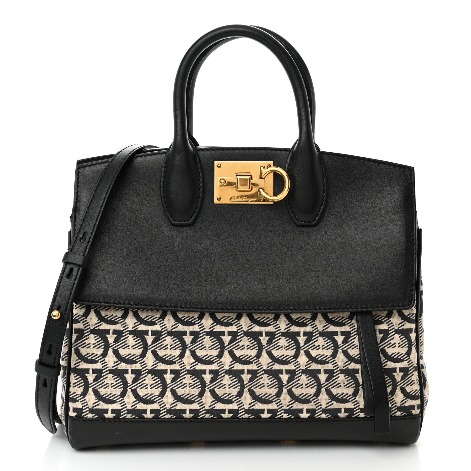 Salvatore Ferragamo Canvas Calfskin Gancini The Studio Bag Black Beige 3 of 18