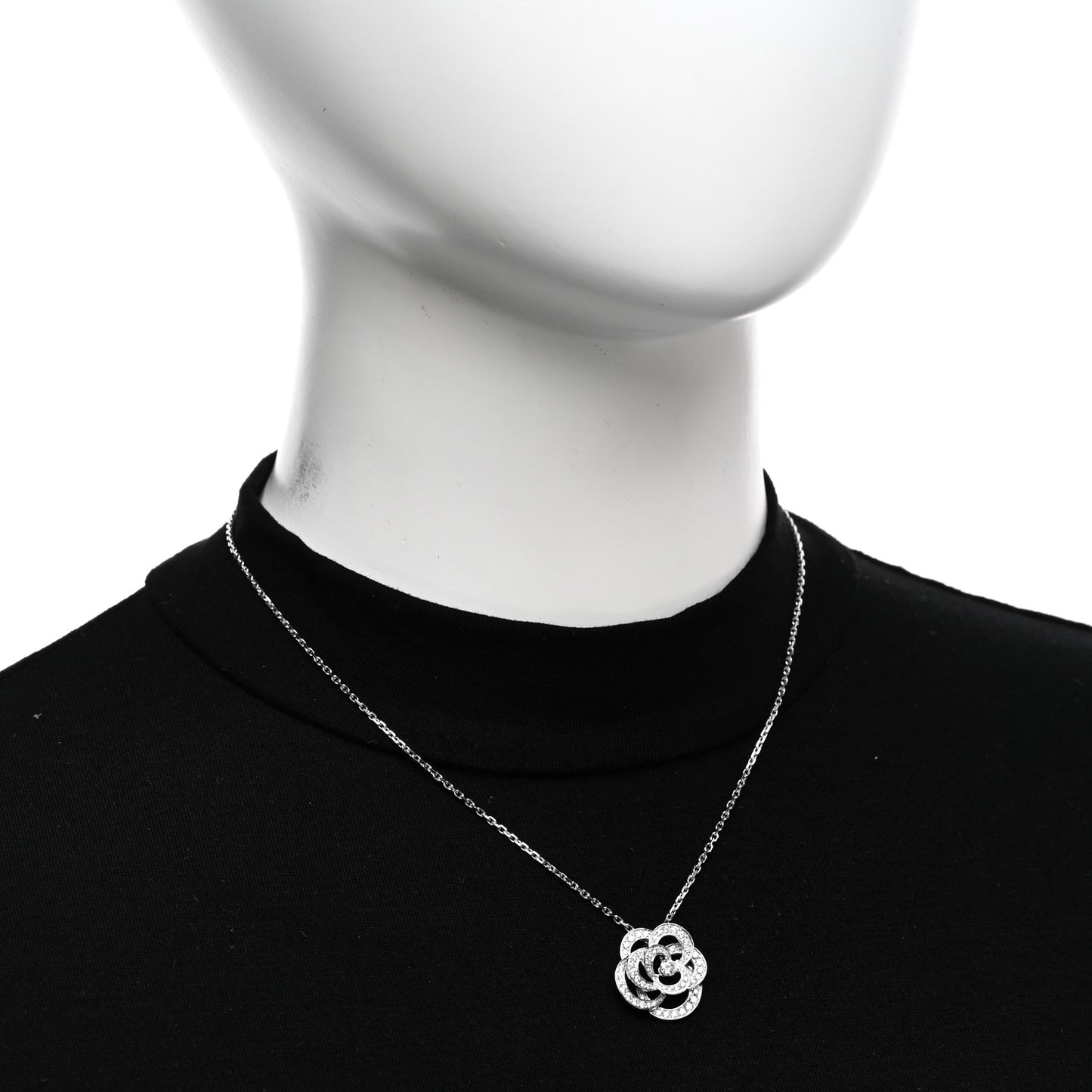 18K White Gold Diamond Small Fil De Camelia Pendant Necklace
