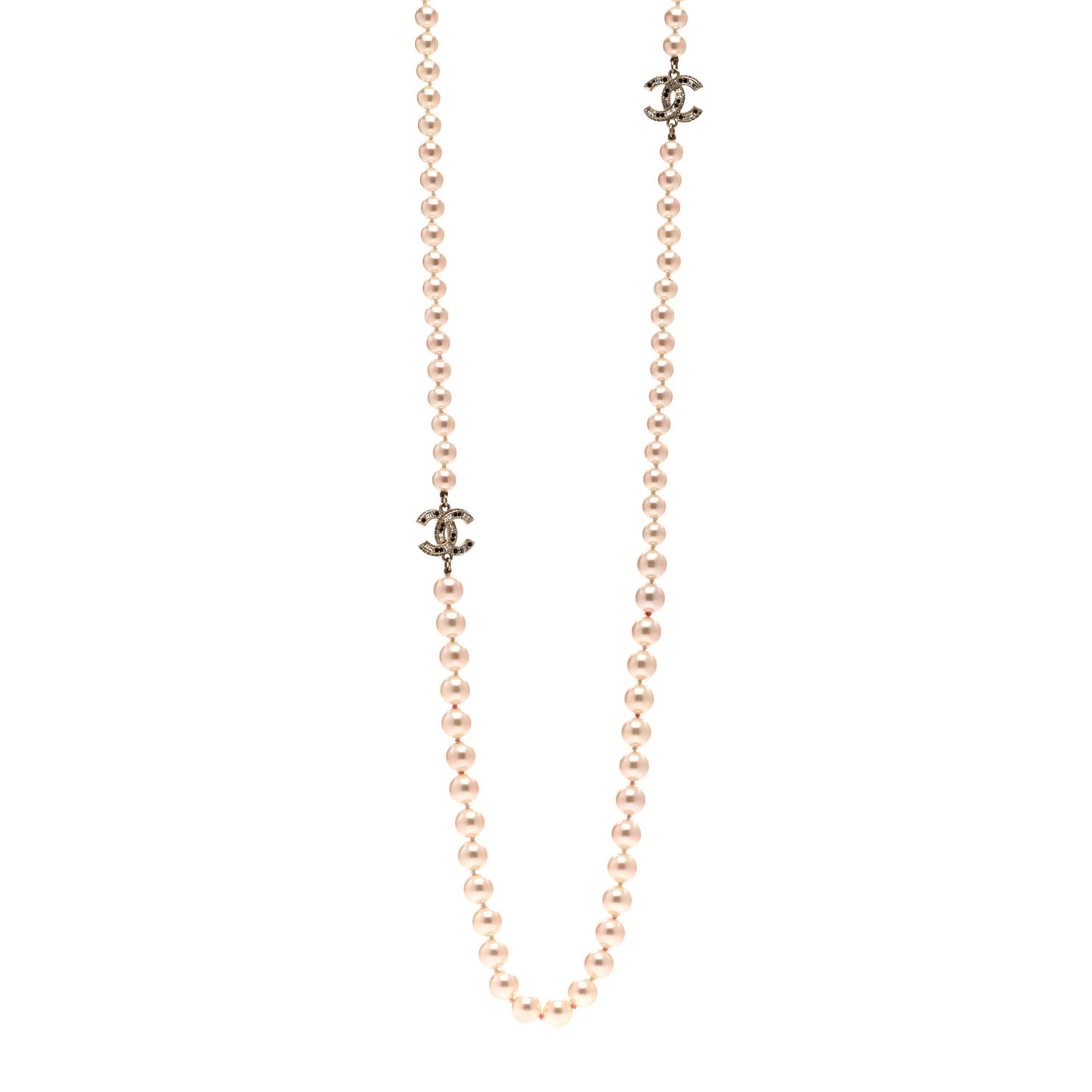 Graduated Pearl Crystal CC Long Necklace Gold Black