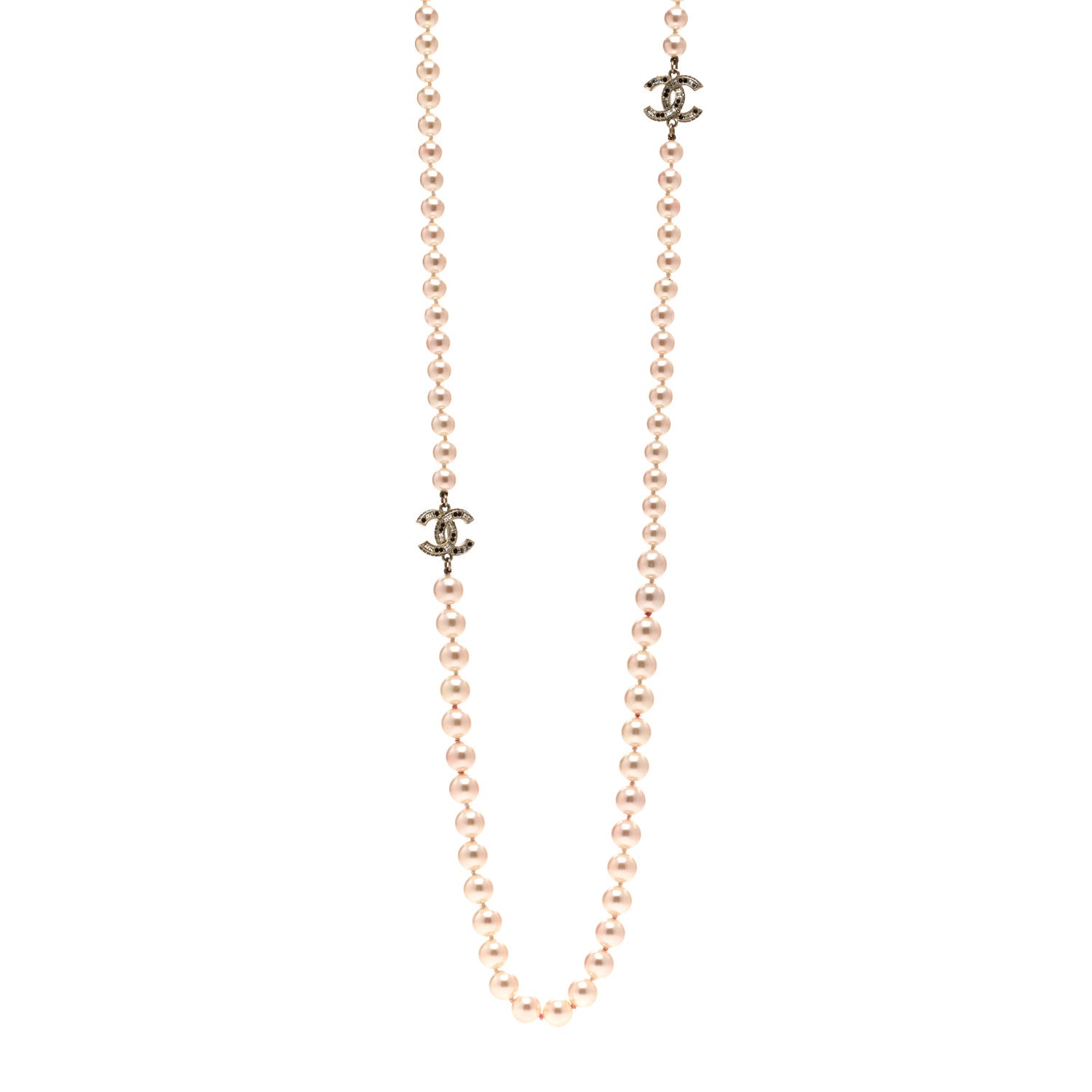 Chanel Graduated Pearl Crystal CC Long Necklace Gold Black 1 of 6