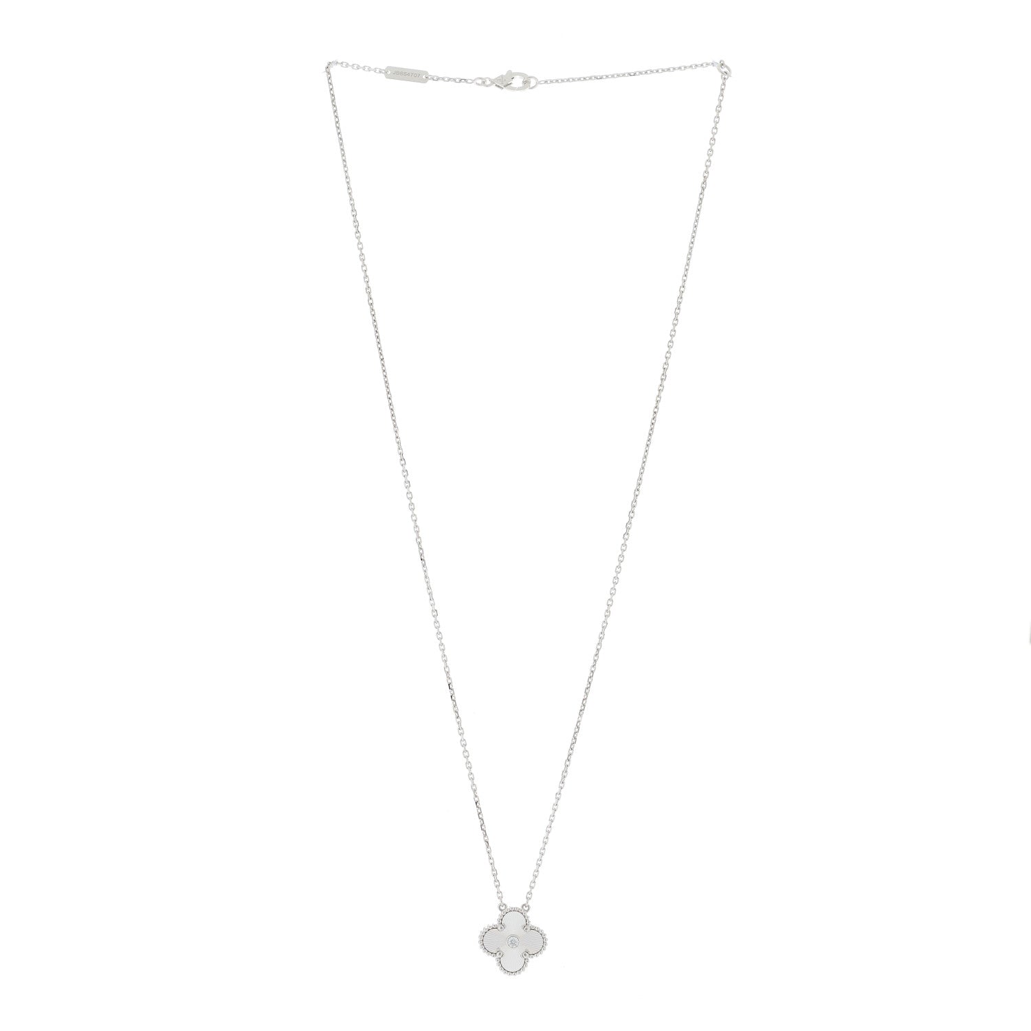 Van Cleef & Arpels 18K White Gold Diamond Guilloche Vintage Alhambra Pendant Necklace 2 of 5