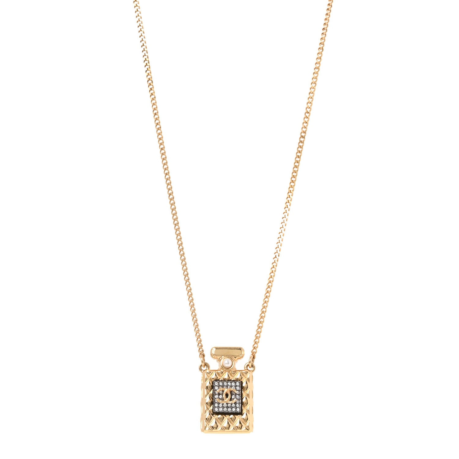 Chanel Crystal Pearl Perfume Bottle CC Necklace Gold Black 1888198