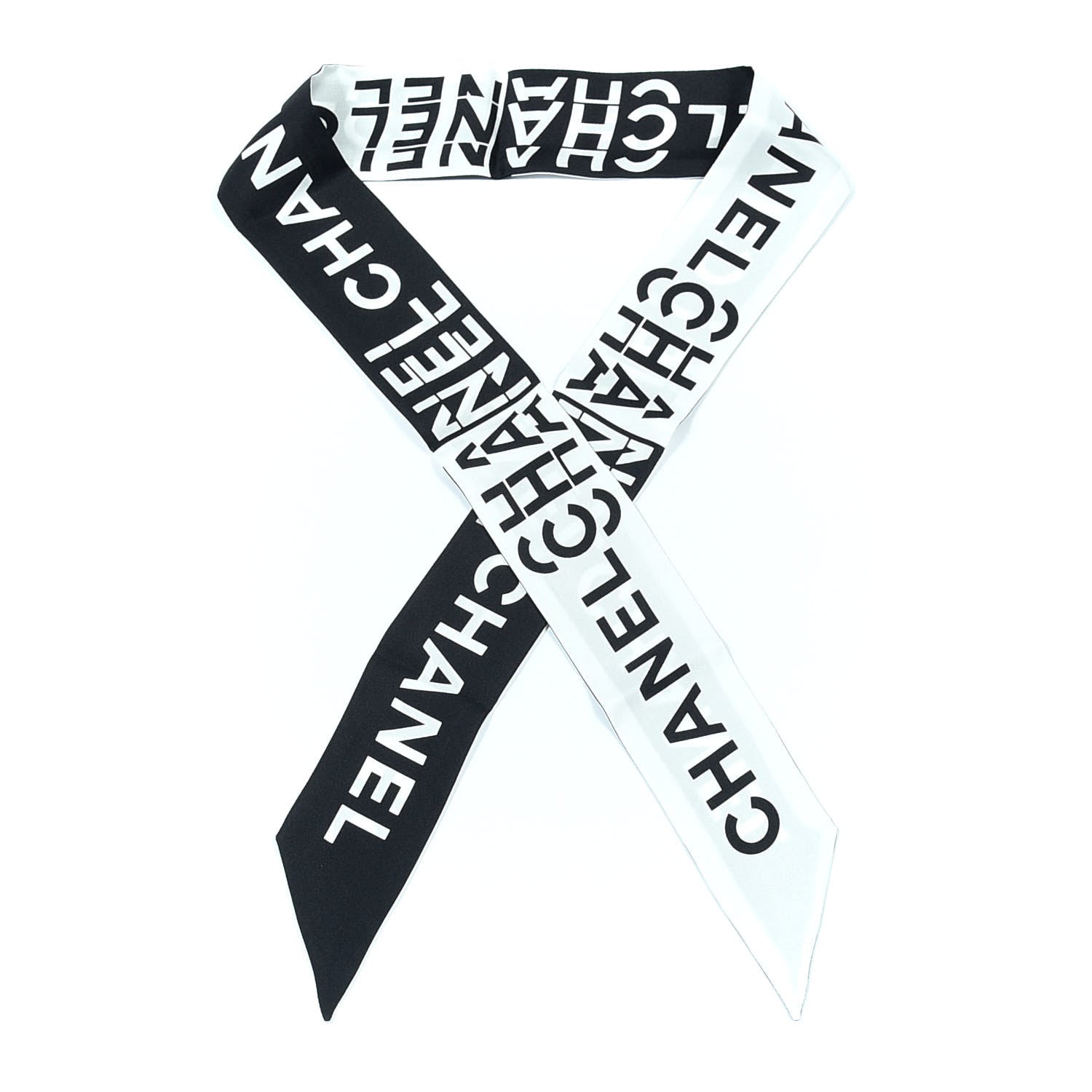 Chanel Silk Logo Slim Bandeau Scarf Black White 1 of 3