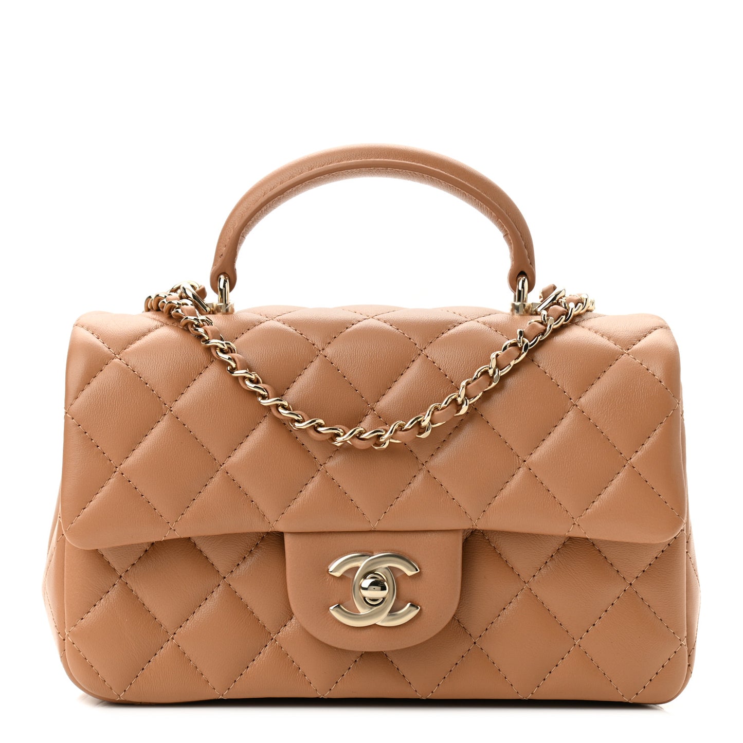 Lambskin Quilted Mini Top Handle Rectangular Flap Light Brown