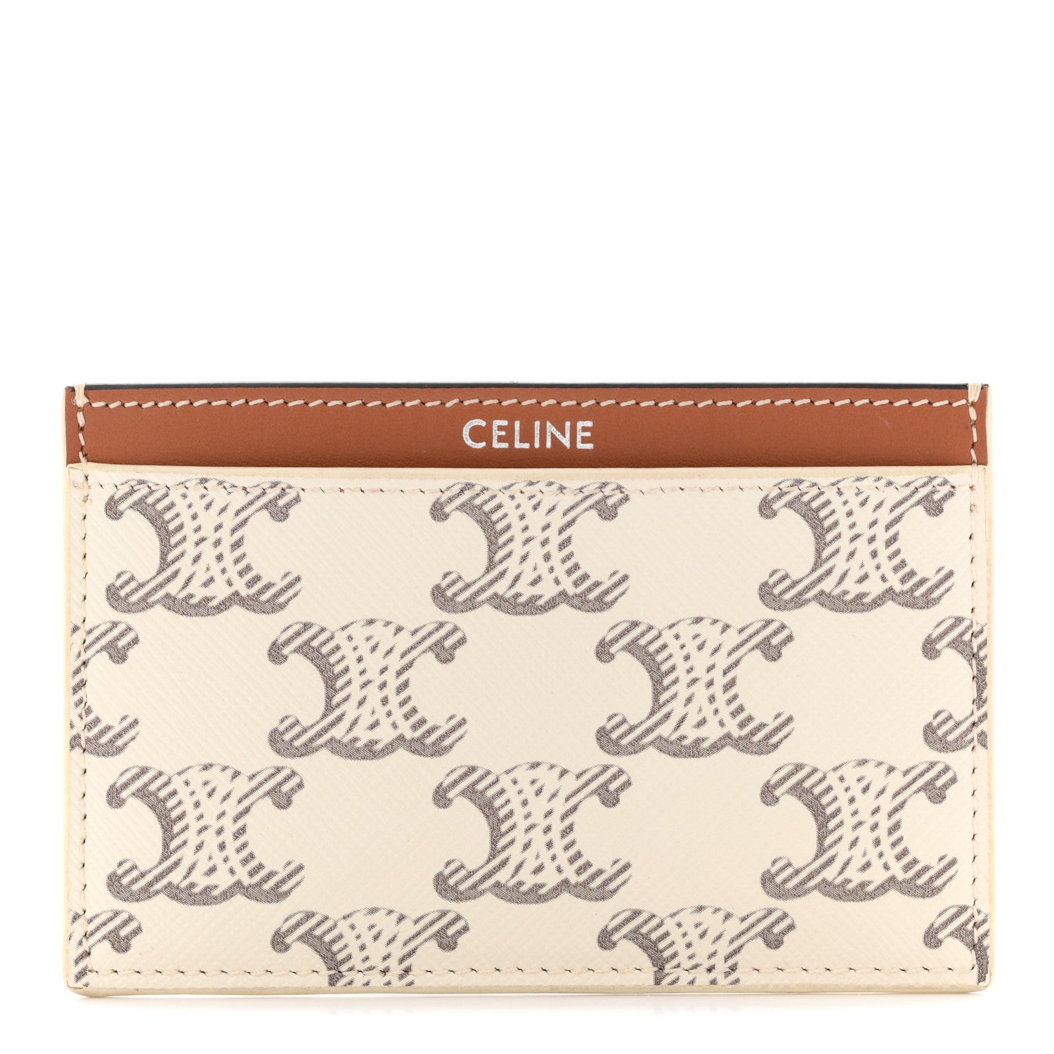 Celine Triomphe Canvas Calfskin Card Holder White Tan 1862656