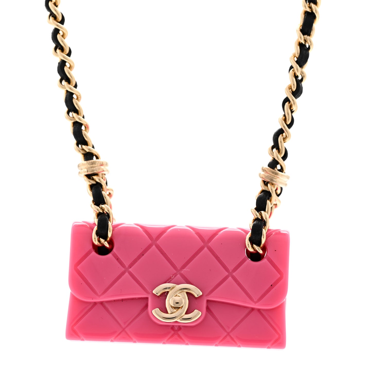 Metal Resin Calfskin Quilted CC Turnlock Chain Bag Necklace Gold Pink Gold Pink