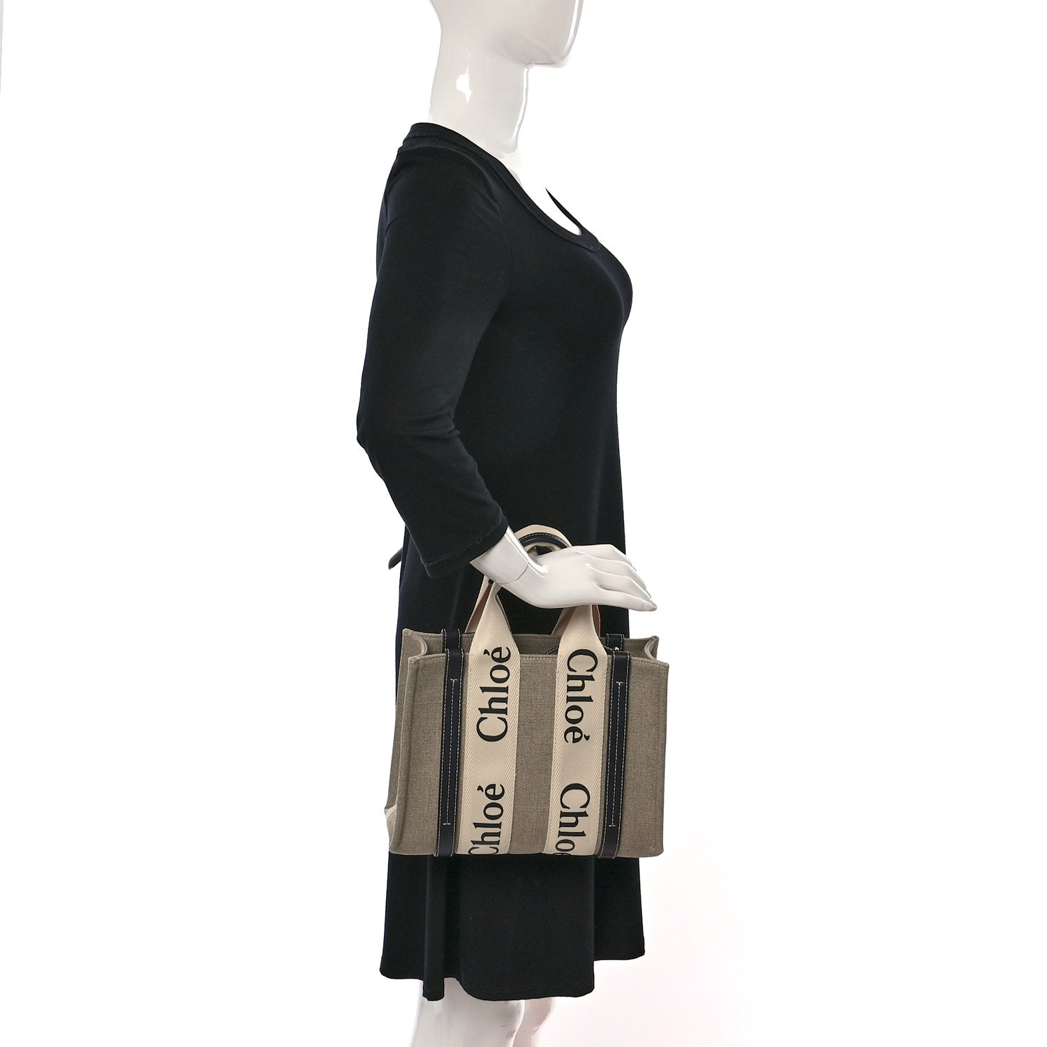 Chloe Cotton Calfskin Small Woody Ribbon Tote With Strap White Navy 2 of 9