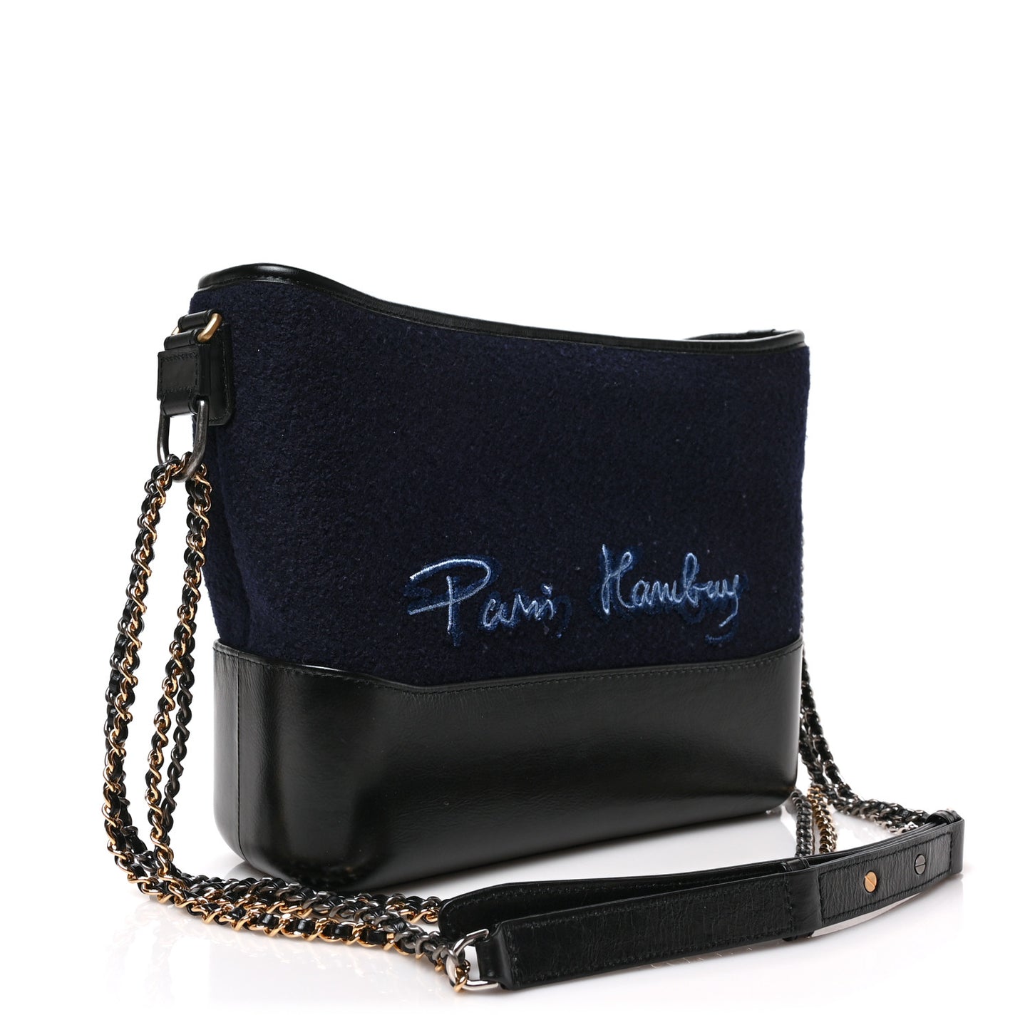 Calfskin Wool Embroidered Paris Hamburg Medium Gabrielle Hobo Dark Navy Blue