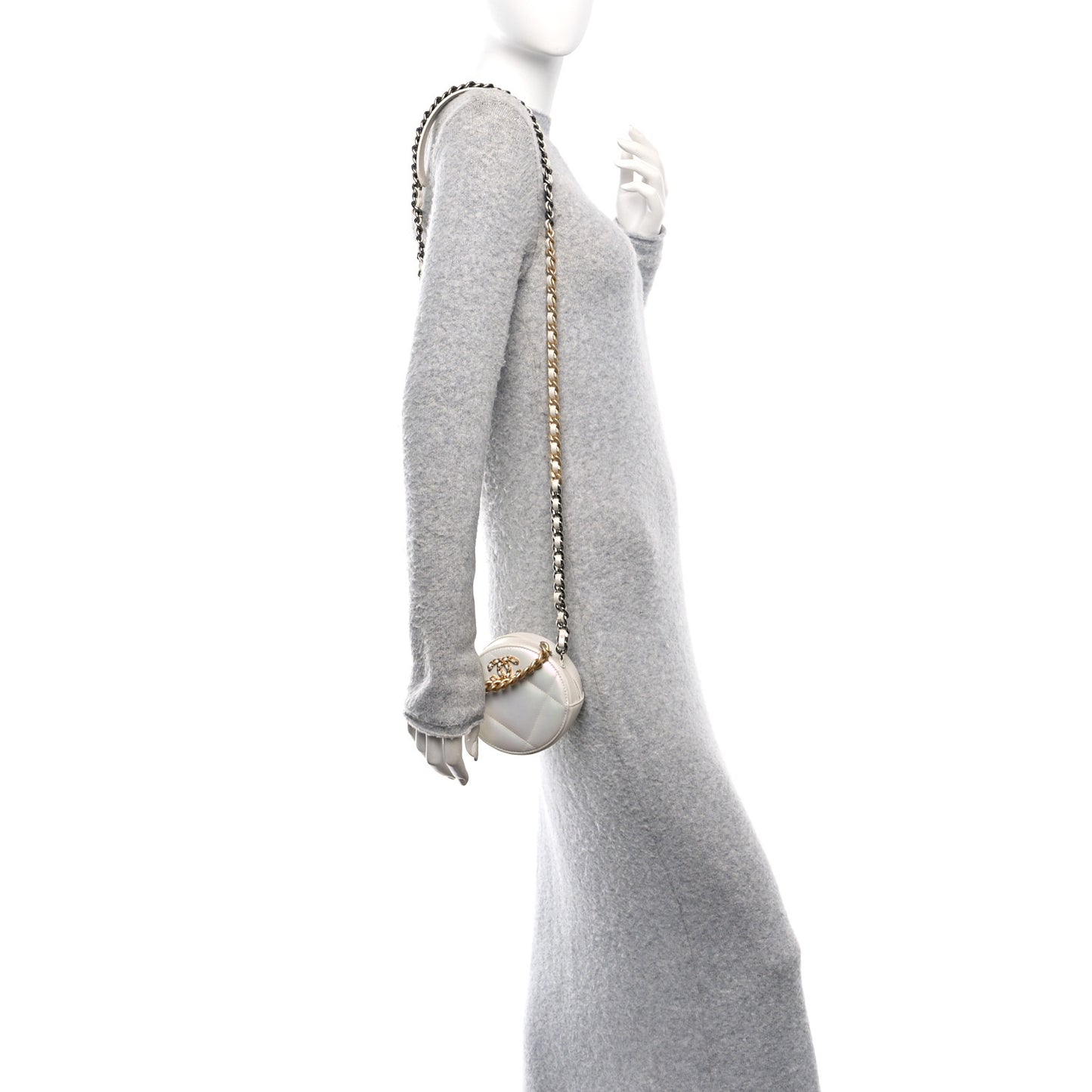 Iridescent Calfskin Quilted Chanel 19 Round Clutch With Chain White