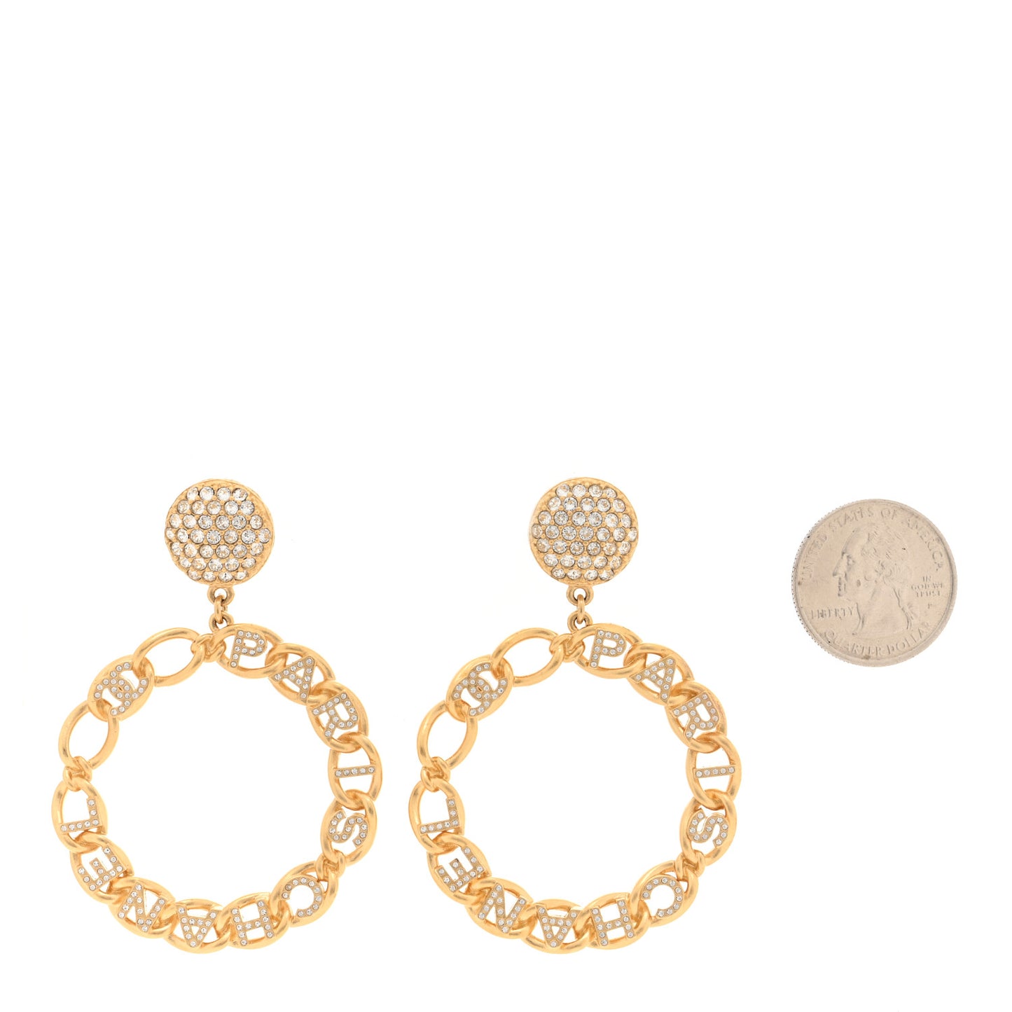 Metal Crystal CC Paris Chain Link Hoop Earrings Gold
