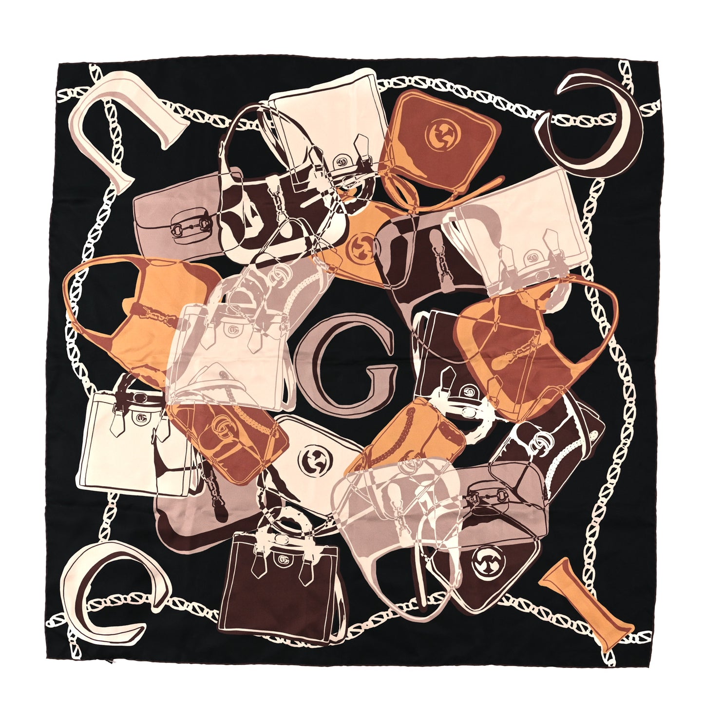 Silk Twill Bag Print Square Scarf Navy Light Brown